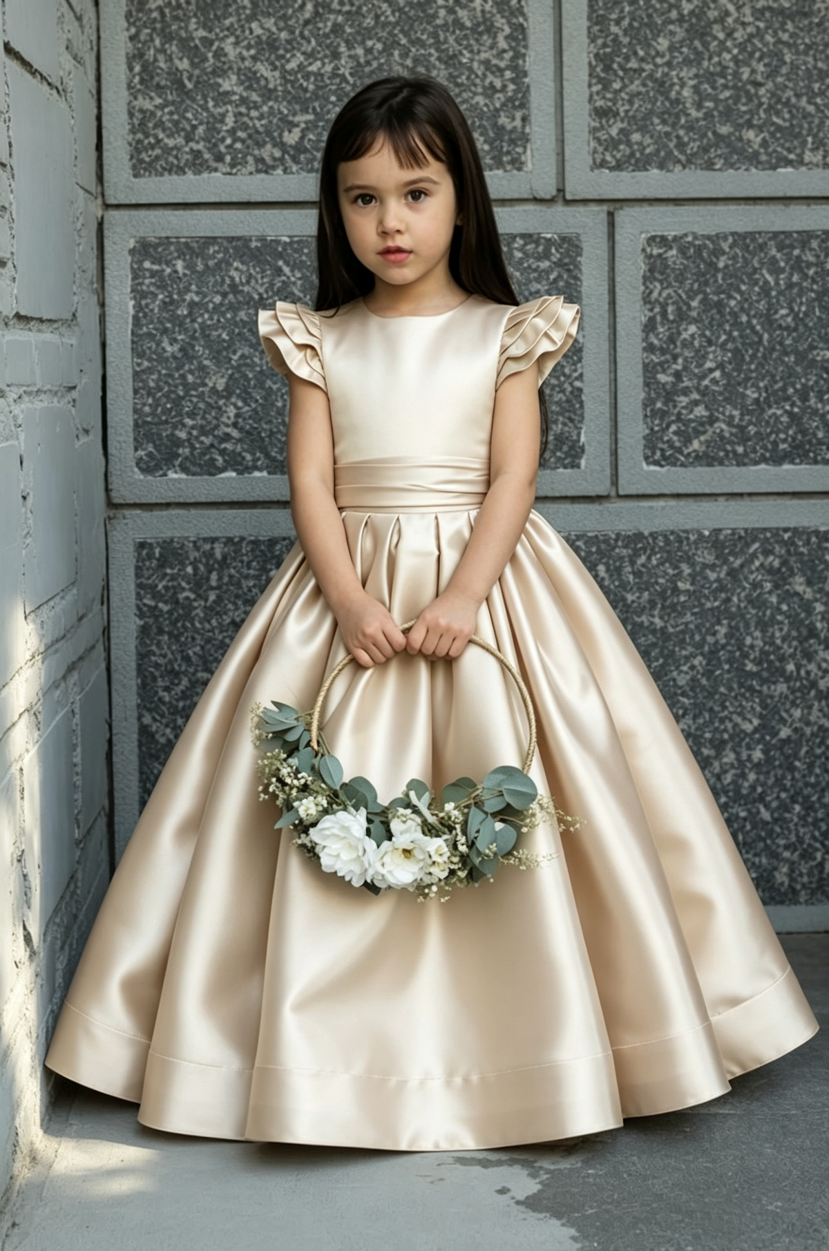 Sage Green Satin Ruffle Cap Sleeves V-Back A-Line Flower Girl Dress