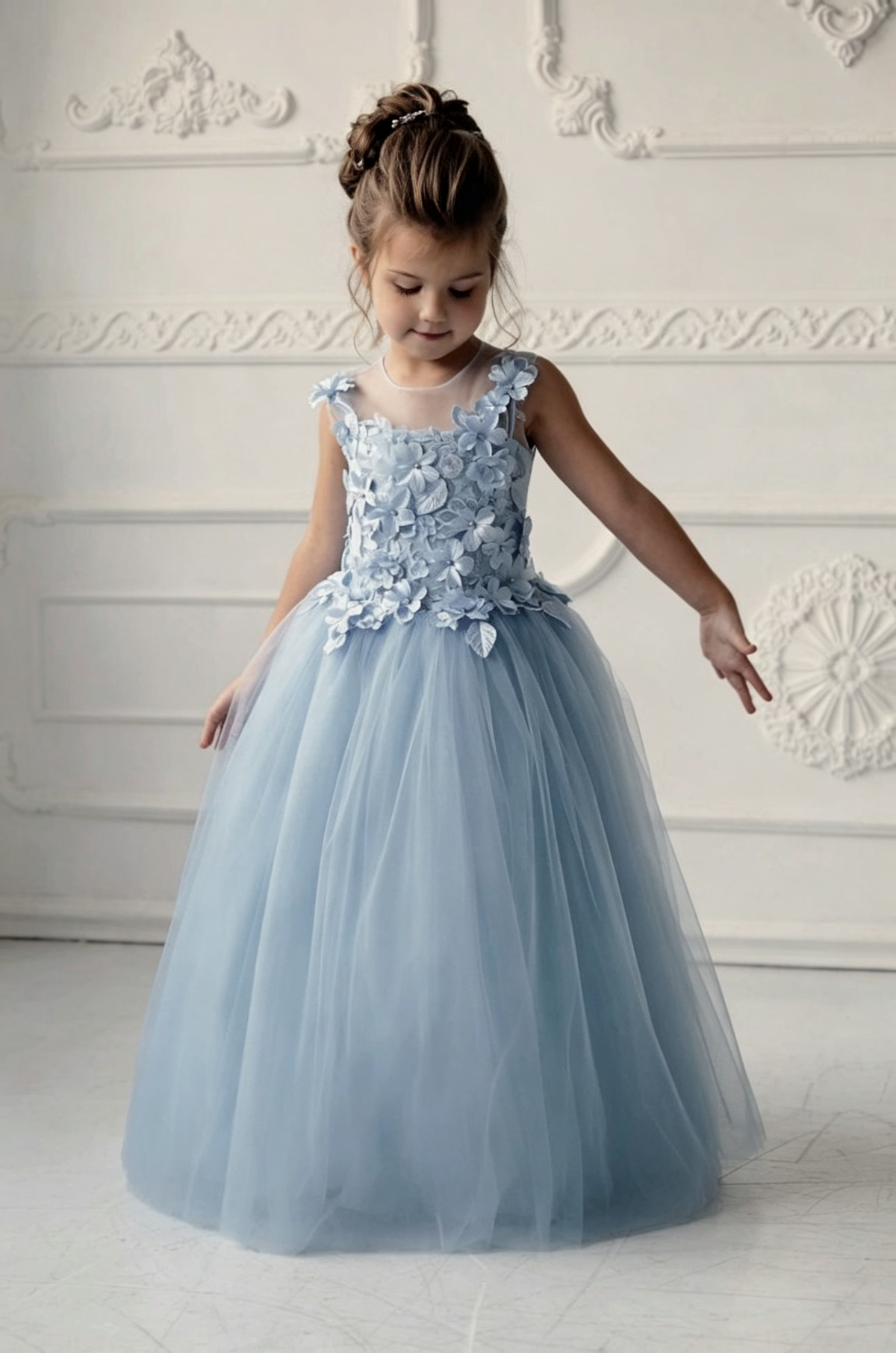 Dusty Blue 3D Floral Appliques Illusion Neck Tulle A-Line Flower Girl Dress