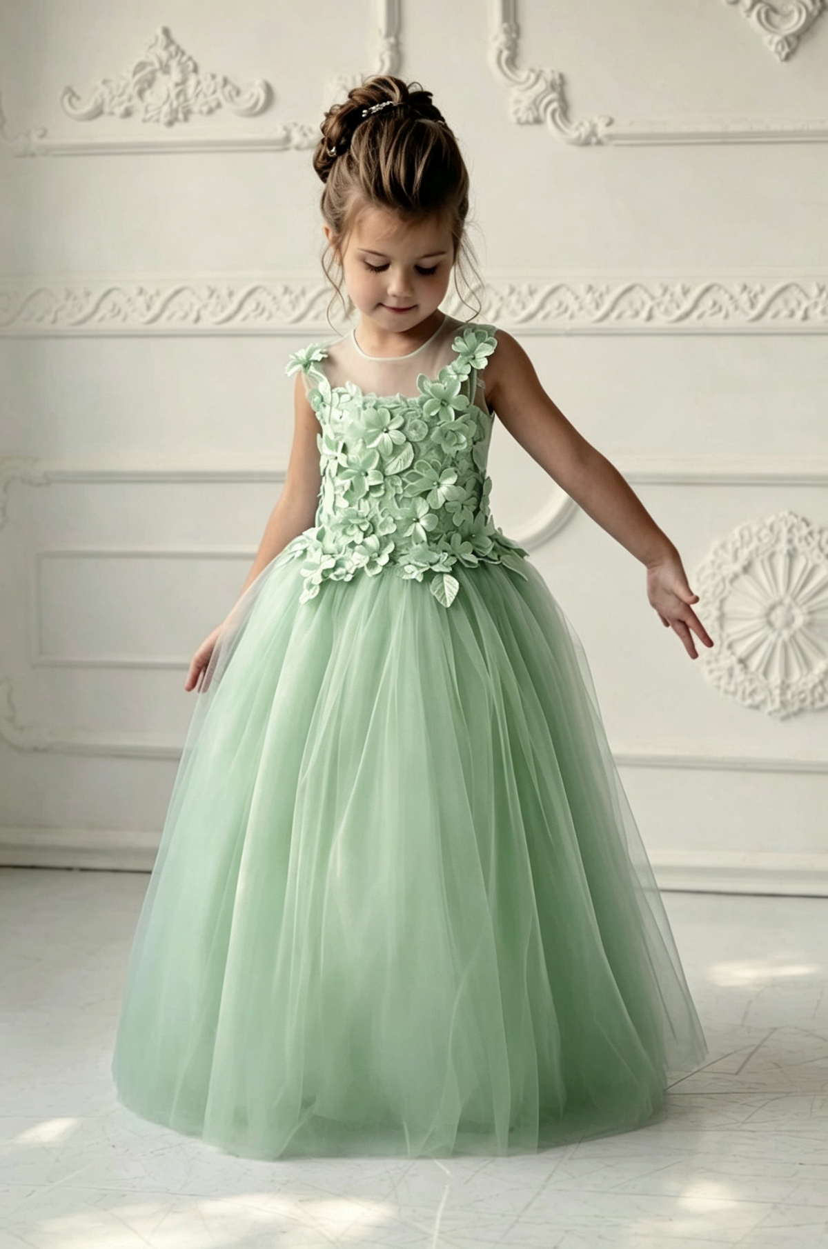 Dusty Blue 3D Floral Appliques Illusion Neck Tulle A-Line Flower Girl Dress