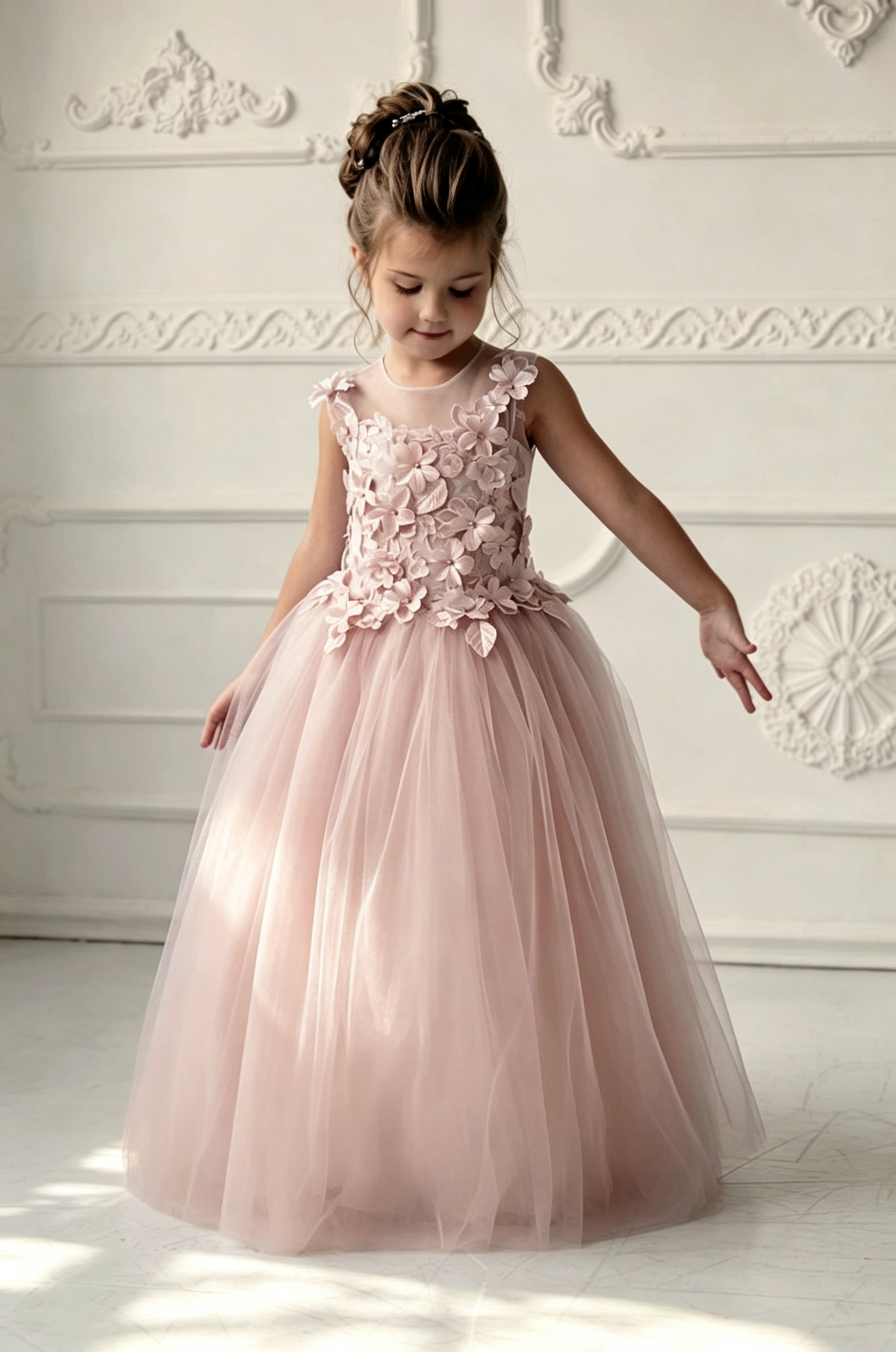 Dusty Blue 3D Floral Appliques Illusion Neck Tulle A-Line Flower Girl Dress