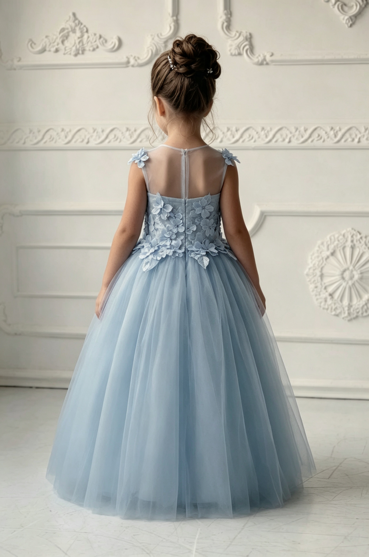 Dusty Blue 3D Floral Appliques Illusion Neck Tulle A-Line Flower Girl Dress