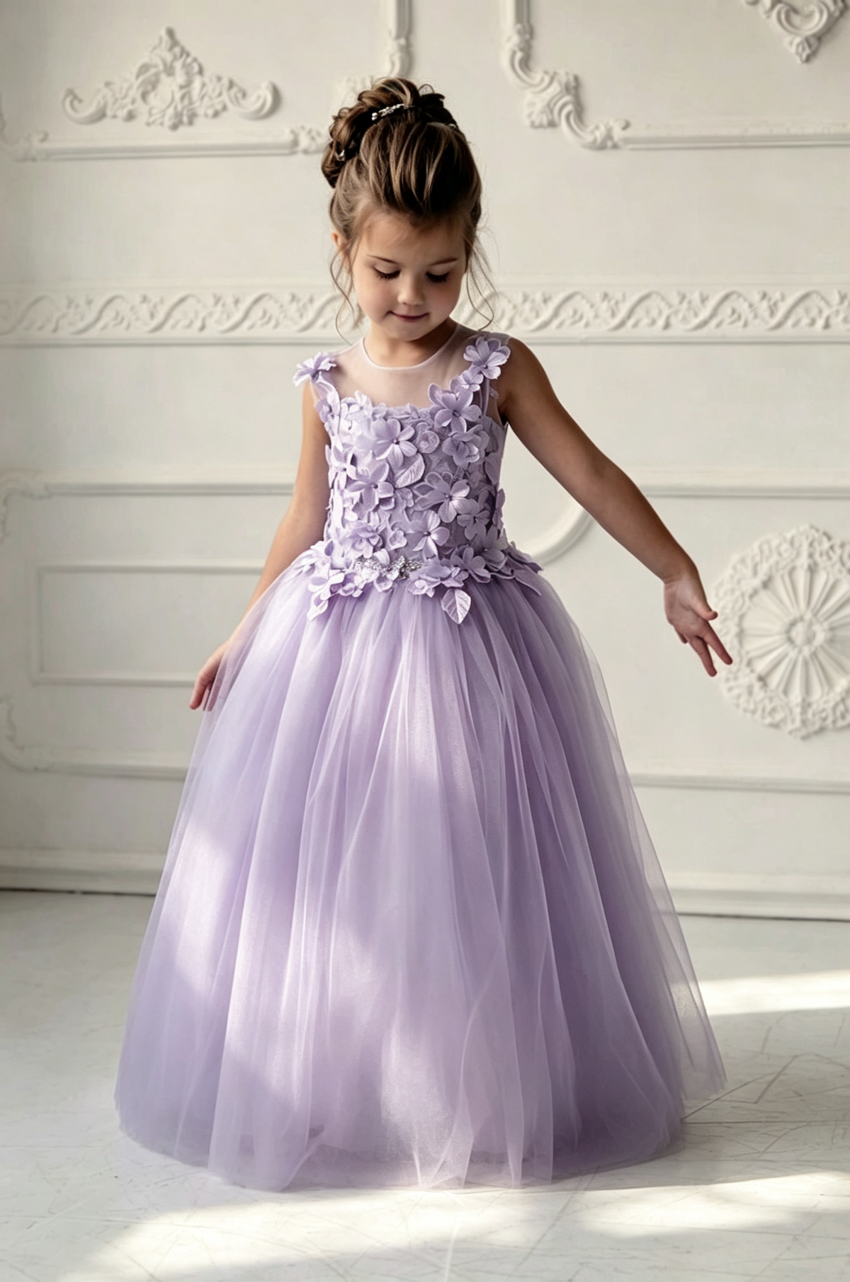 Dusty Blue 3D Floral Appliques Illusion Neck Tulle A-Line Flower Girl Dress