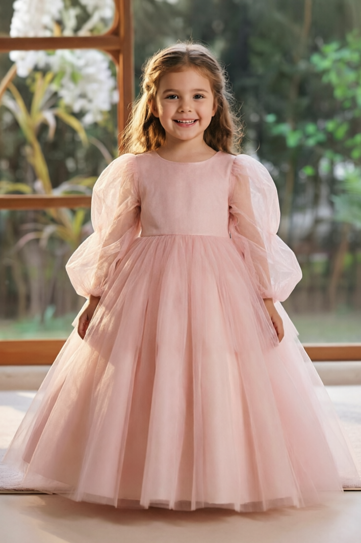 Pink Puffy Long Tulle Bubble Sleeves Satin Bow A-Line Flower Girl Dress