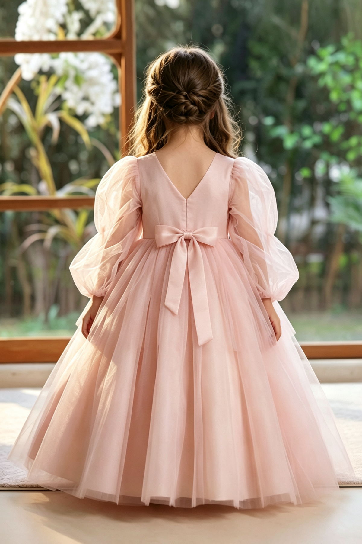Pink Puffy Long Tulle Bubble Sleeves Satin Bow A-Line Flower Girl Dress