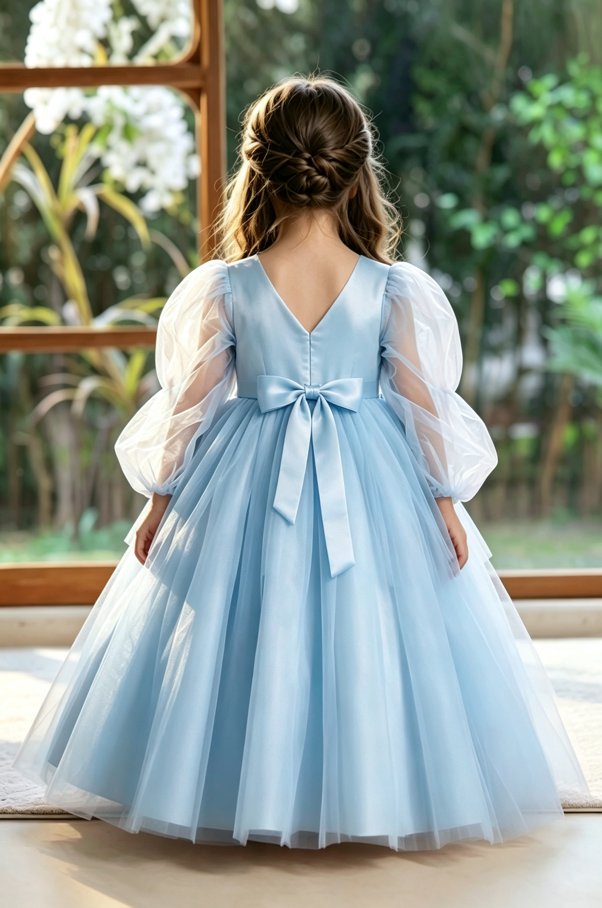 Pink Puffy Long Tulle Bubble Sleeves Satin Bow A-Line Flower Girl Dress