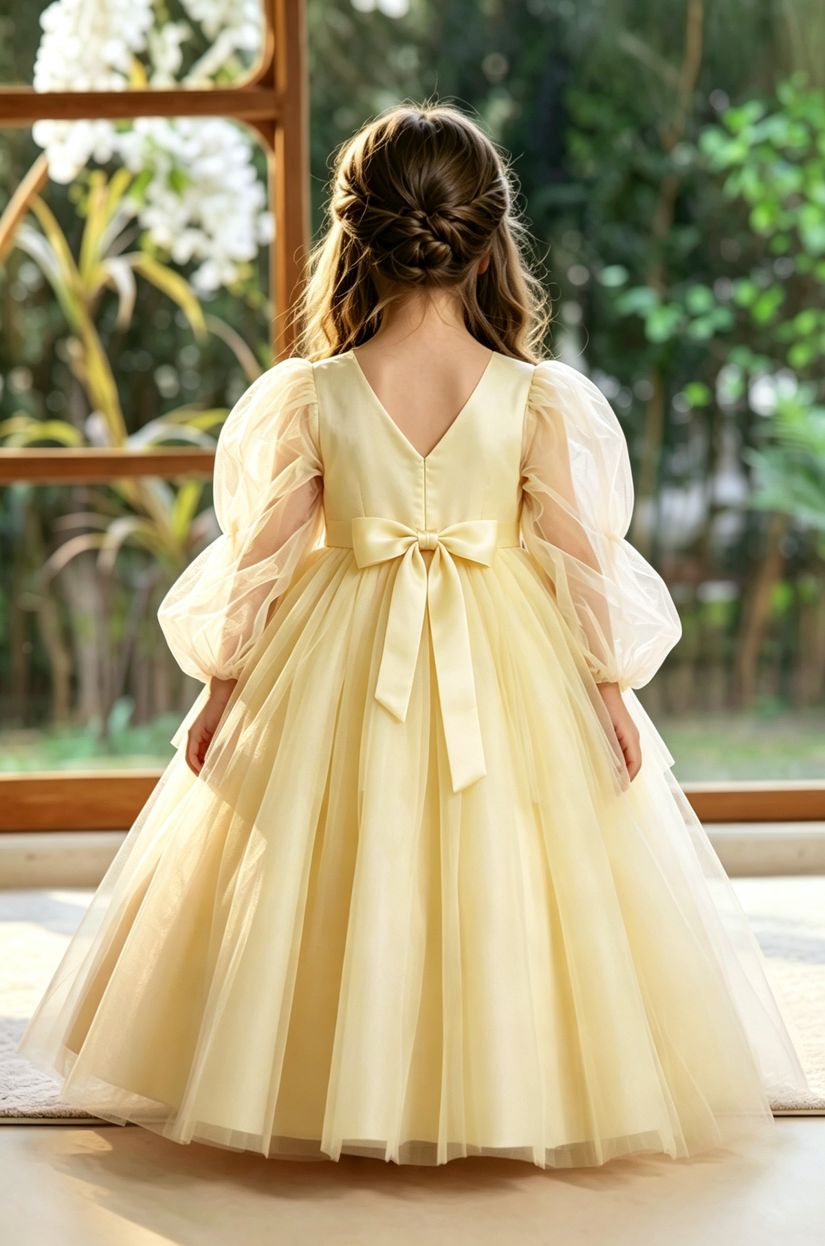 Pink Puffy Long Tulle Bubble Sleeves Satin Bow A-Line Flower Girl Dress