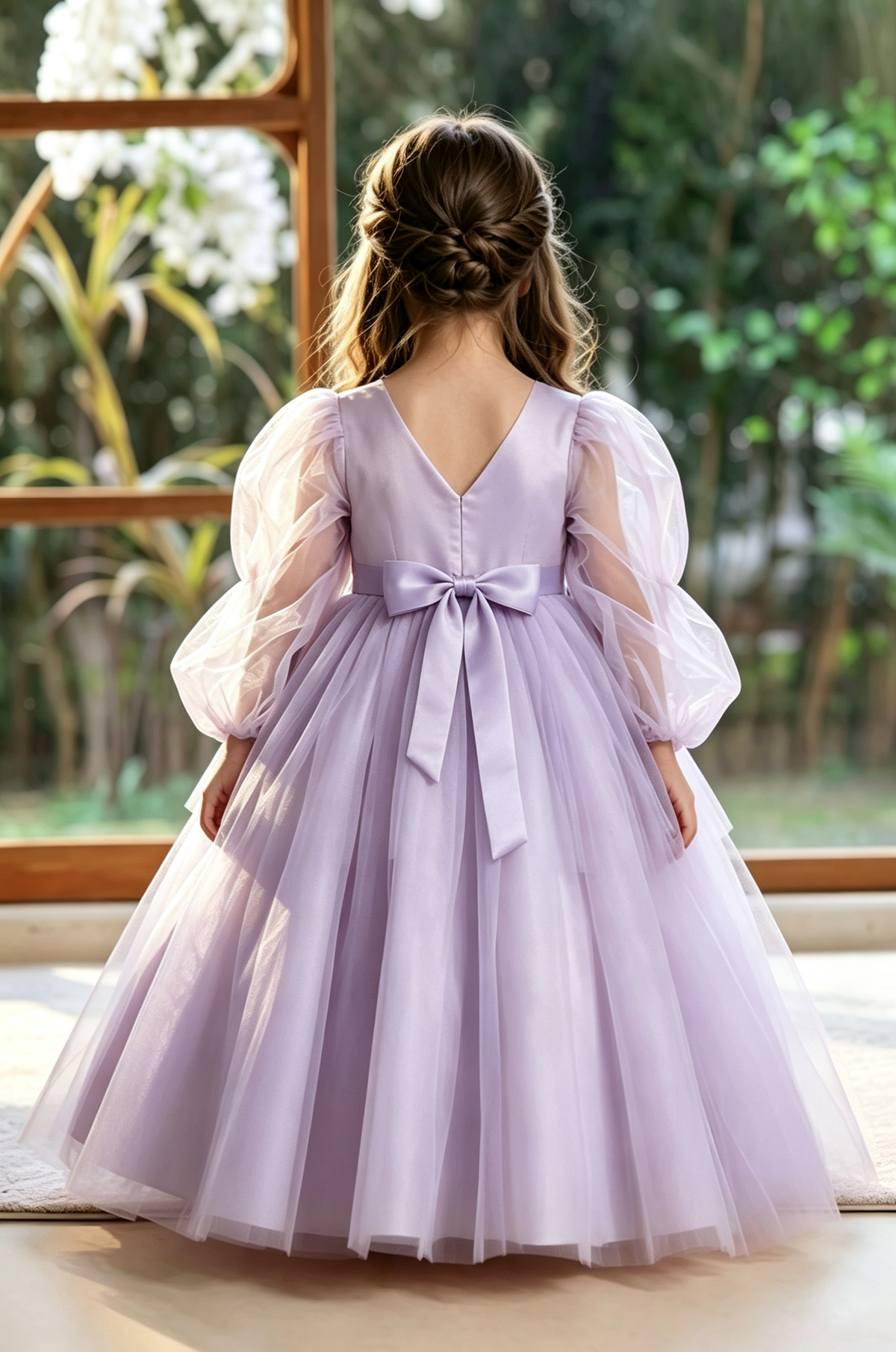 Pink Puffy Long Tulle Bubble Sleeves Satin Bow A-Line Flower Girl Dress