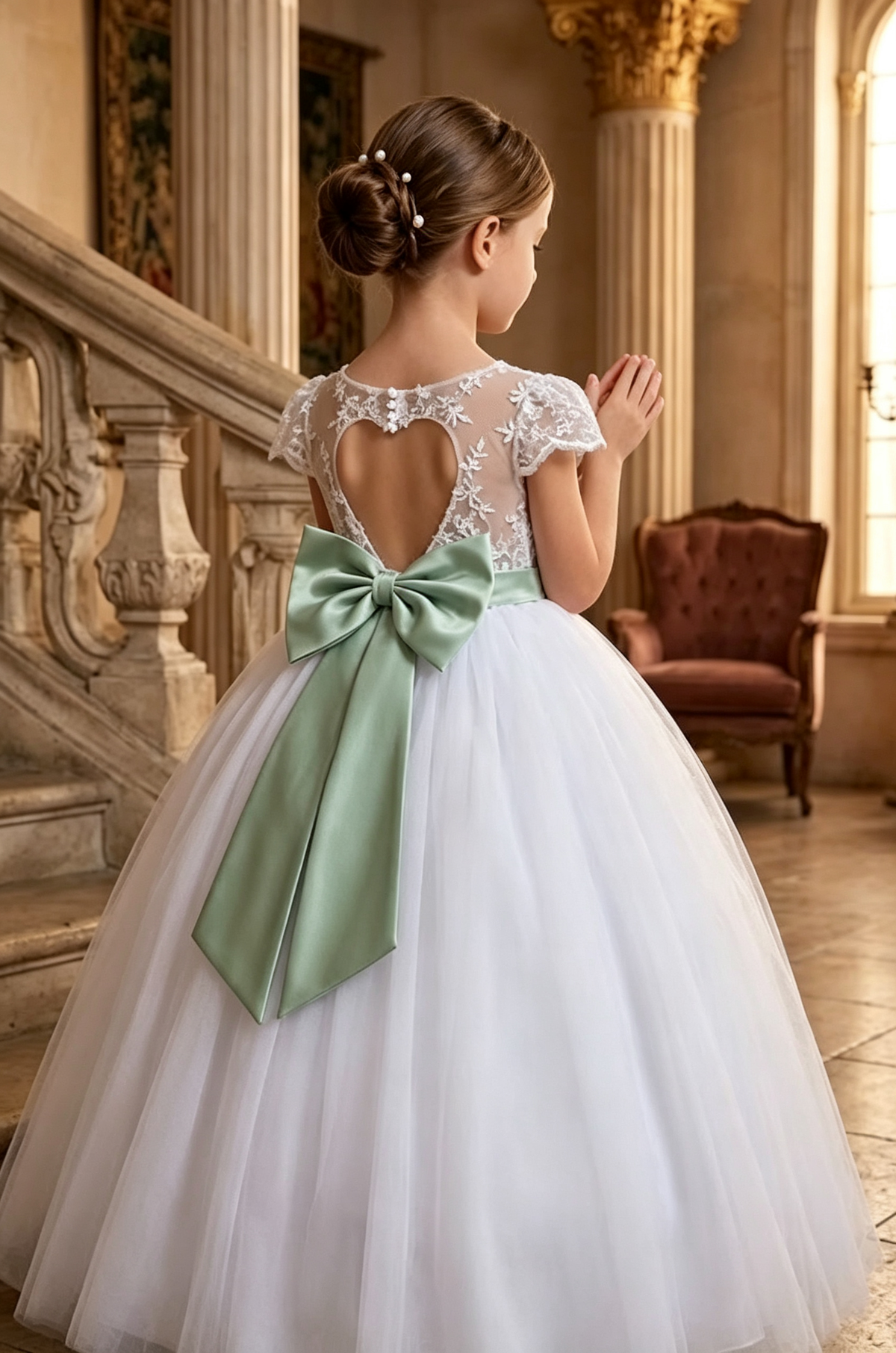 Green Satin Bow & White Lace Tulle Flower Girl Dress
