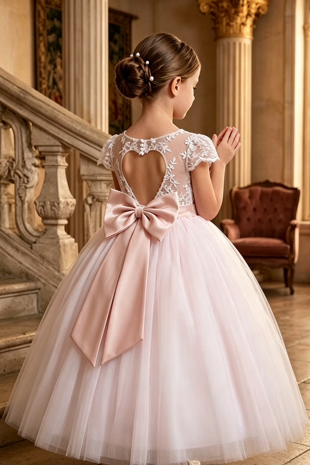 Green Satin Bow & White Lace Tulle Flower Girl Dress