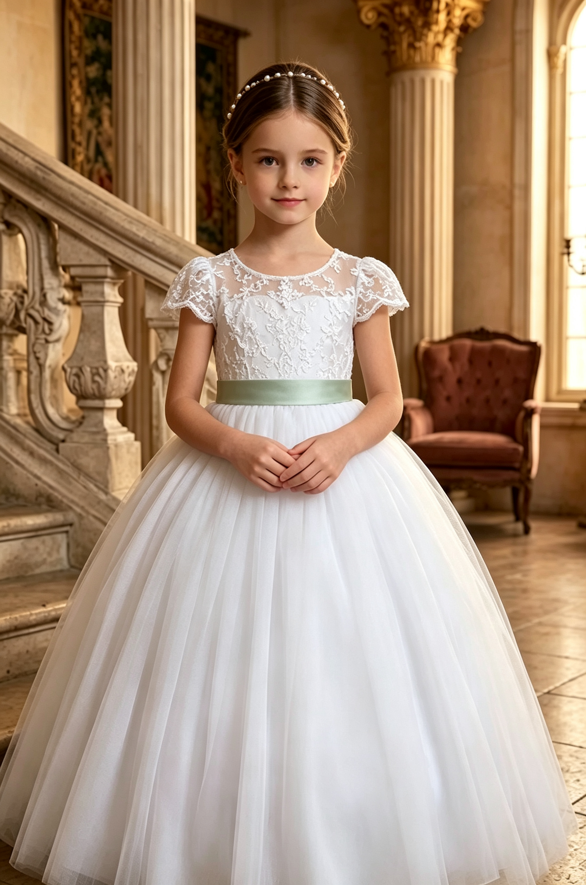 Green Satin Bow & White Lace Tulle Flower Girl Dress