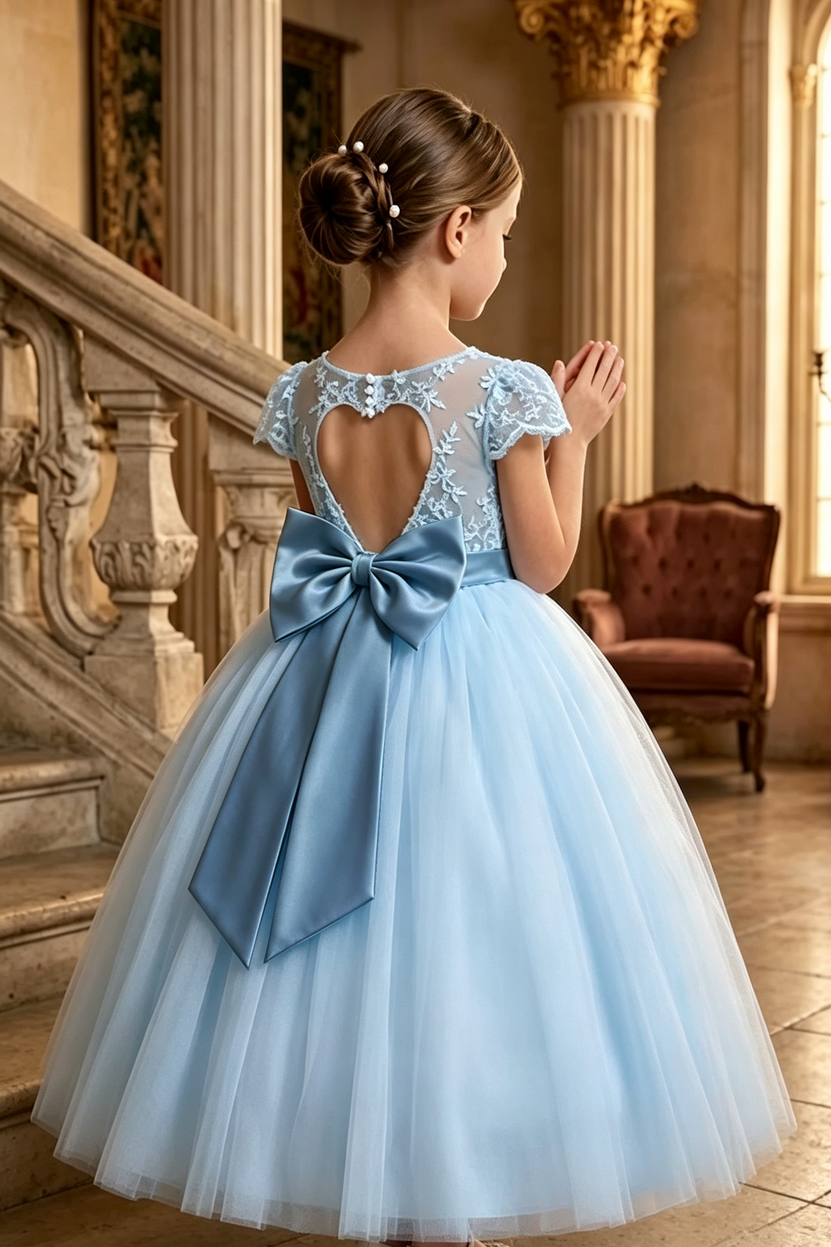 Green Satin Bow & White Lace Tulle Flower Girl Dress