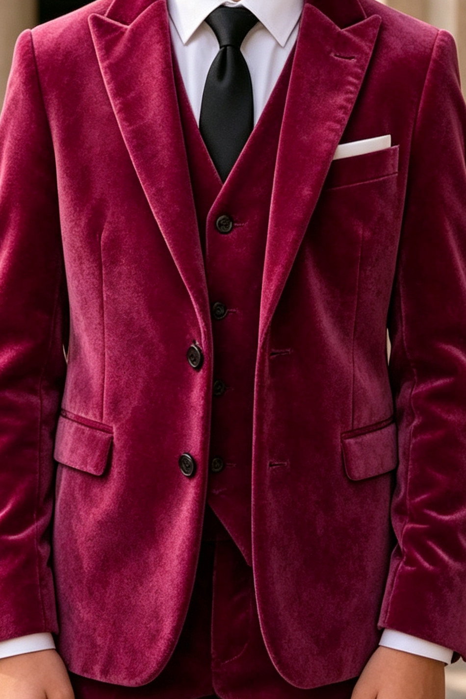 Burgundy Velvet Boys Suit Single Breasted 3 Piece Set