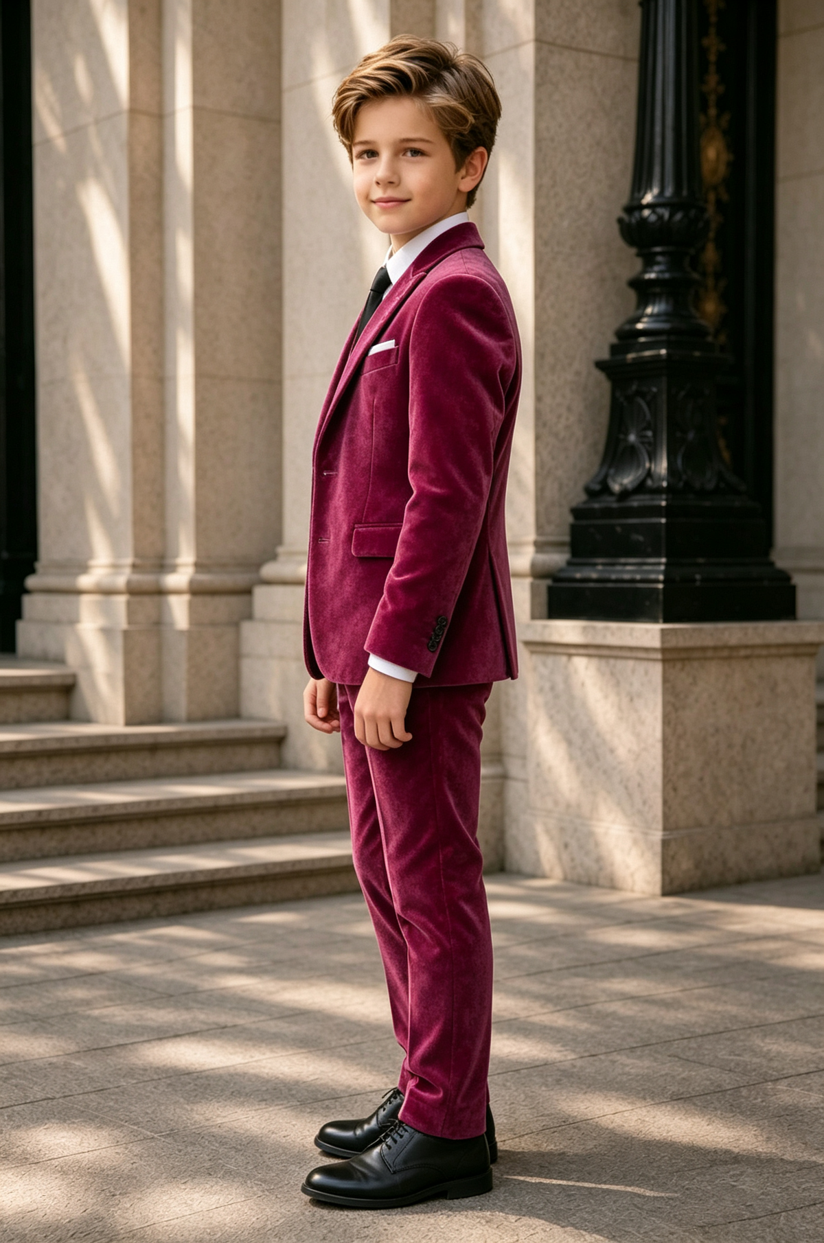 Burgundy Velvet Boys Suit Single Breasted 3 Piece Set