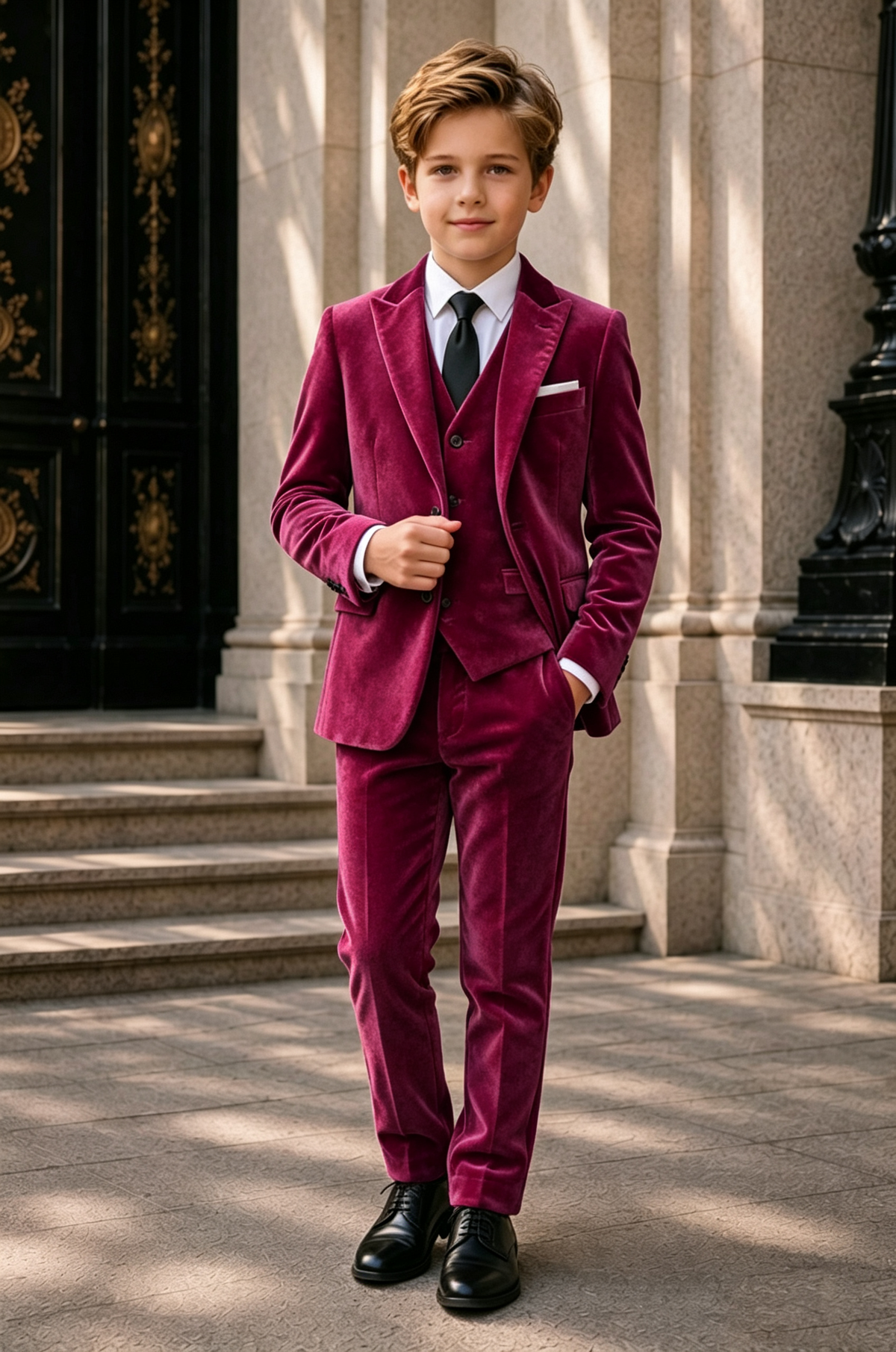 Burgundy Velvet Boys Suit Single Breasted 3 Piece Set
