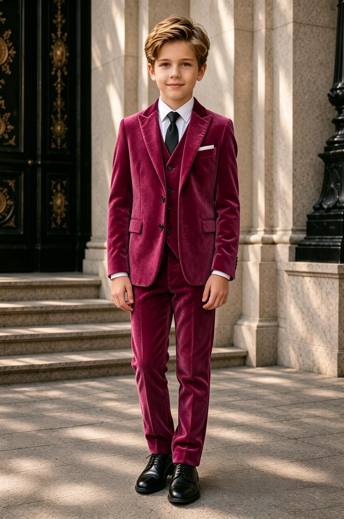 Burgundy Velvet Boys Suit Single Breasted 3 Piece Set