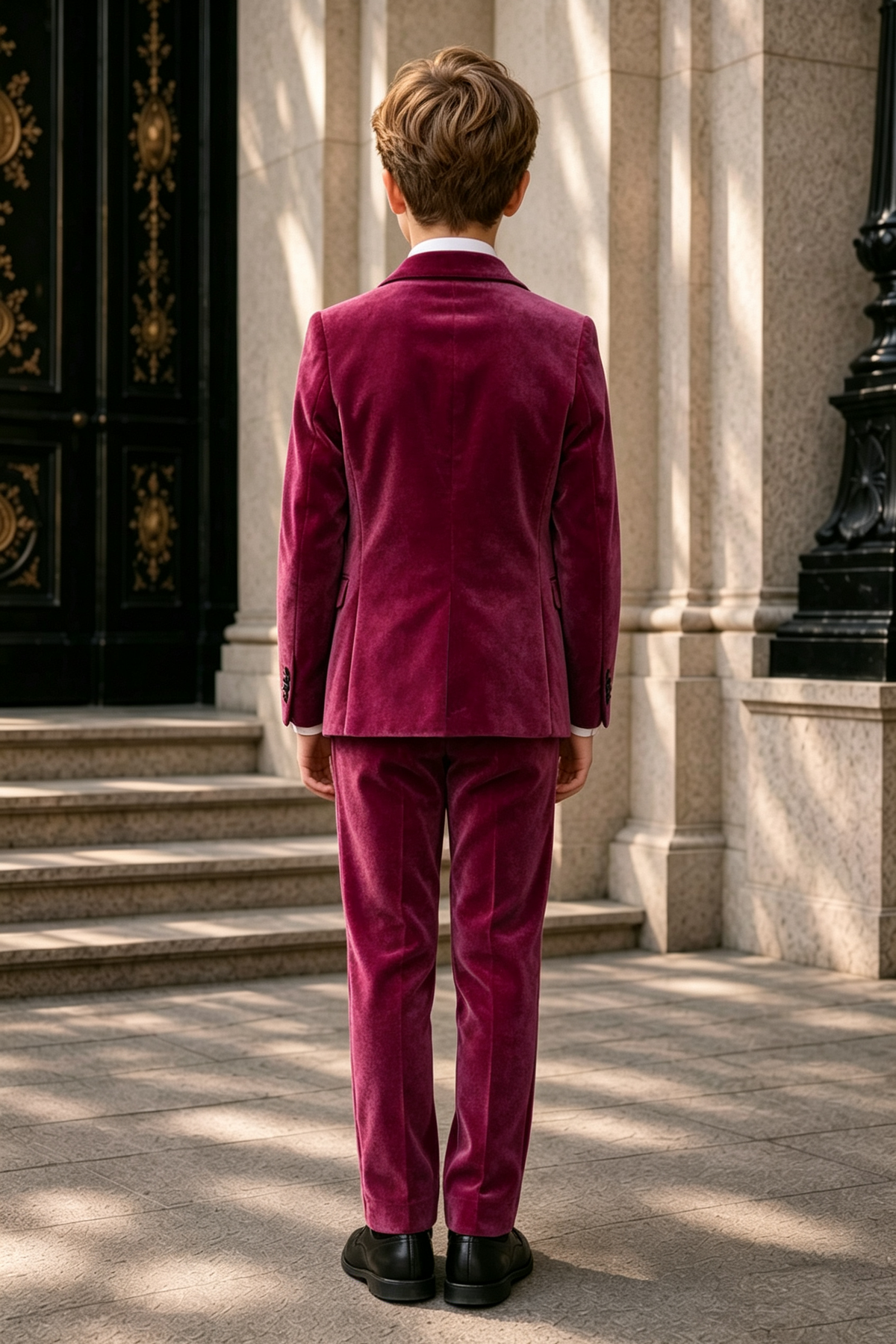 Burgundy Velvet Boys Suit Single Breasted 3 Piece Set