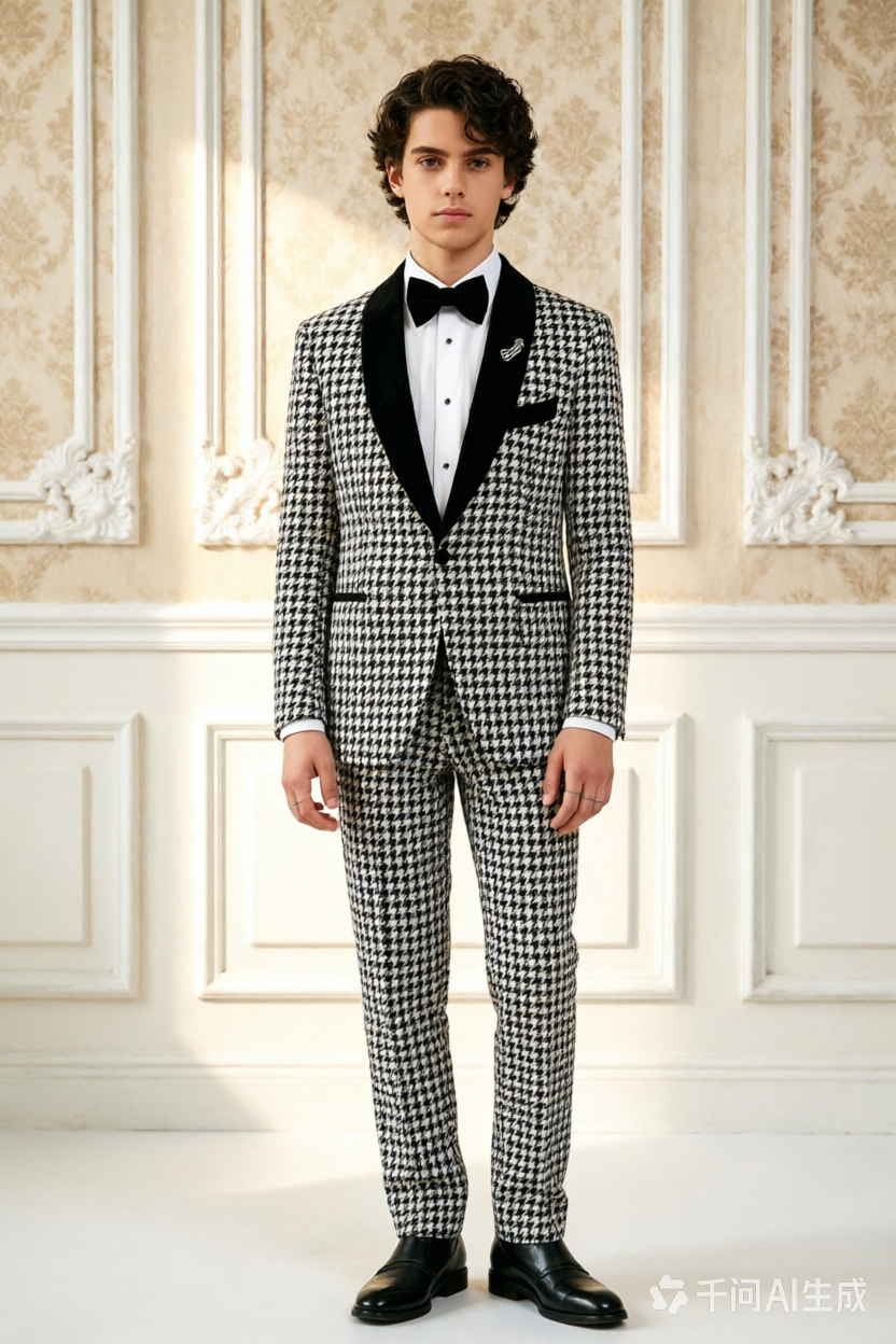 Black Velvet Houndstooth Boys Single Breasted Tuxedo 2 Piece Suit Set