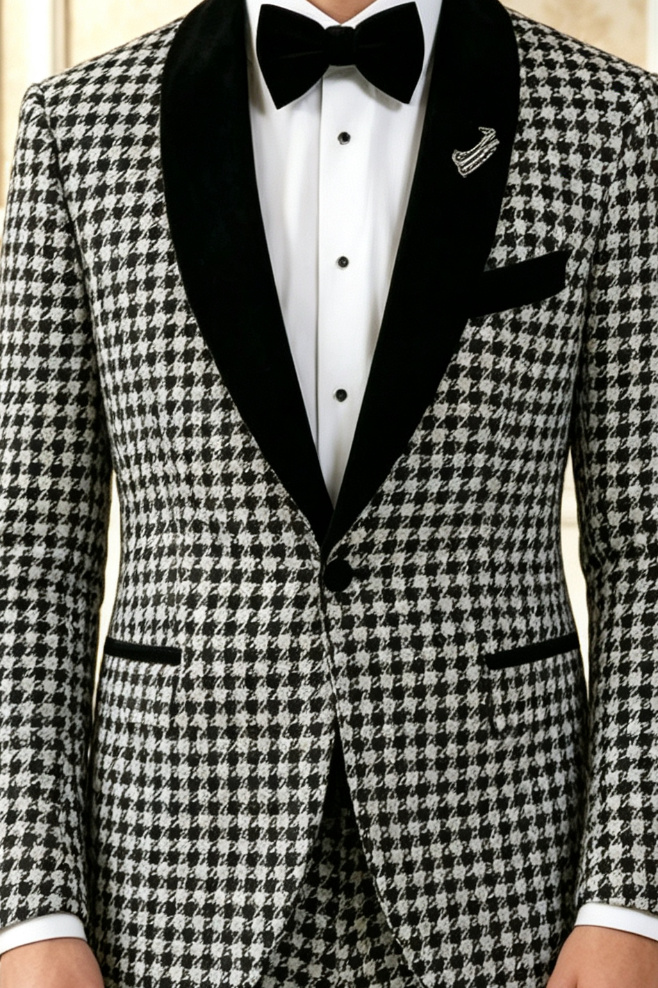 Black Velvet Houndstooth Boys Single Breasted Tuxedo 2 Piece Suit Set