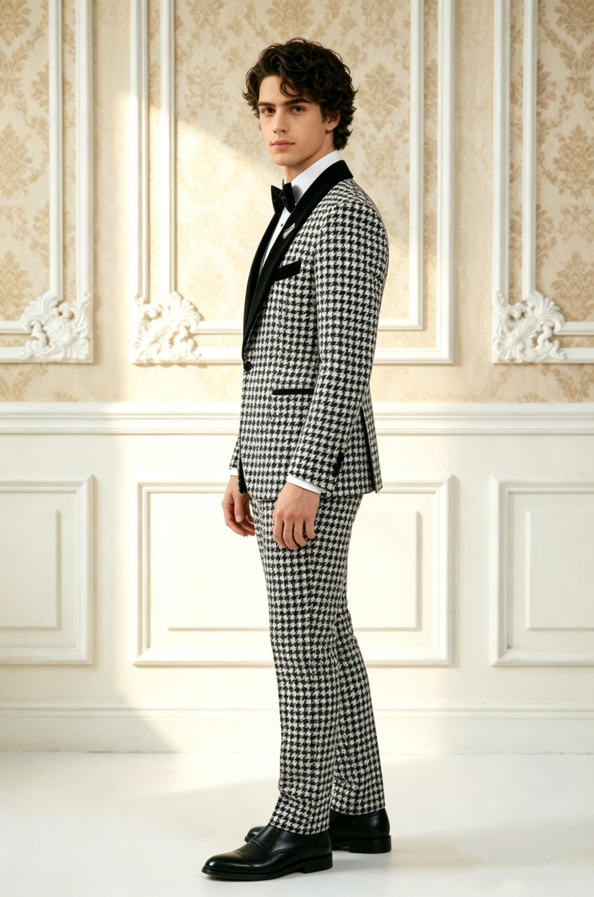 Black Velvet Houndstooth Boys Single Breasted Tuxedo 2 Piece Suit Set