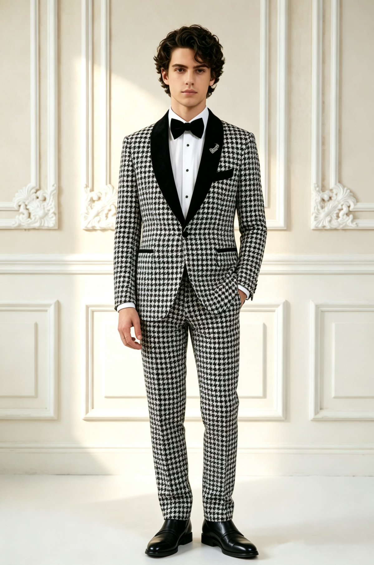 Black Velvet Houndstooth Boys Single Breasted Tuxedo 2 Piece Suit Set