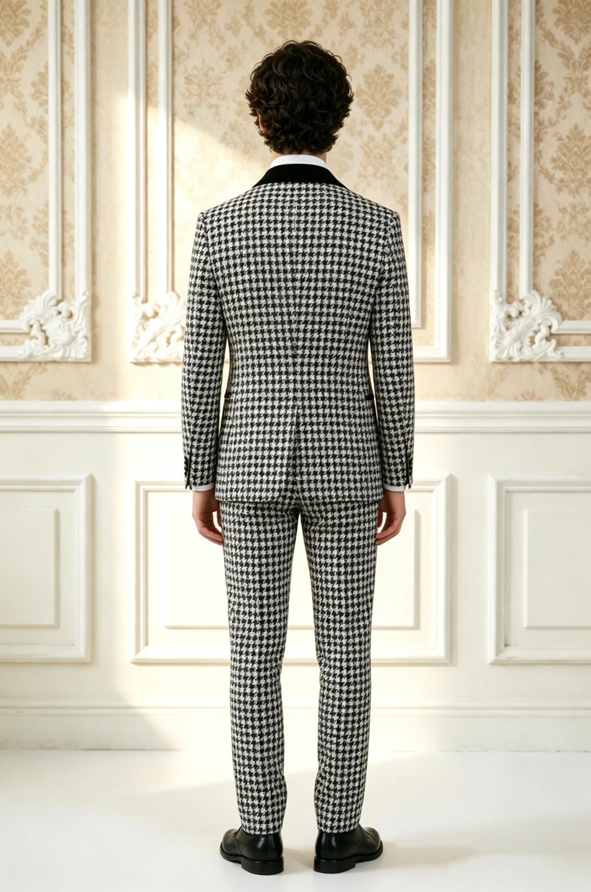 Black Velvet Houndstooth Boys Single Breasted Tuxedo 2 Piece Suit Set
