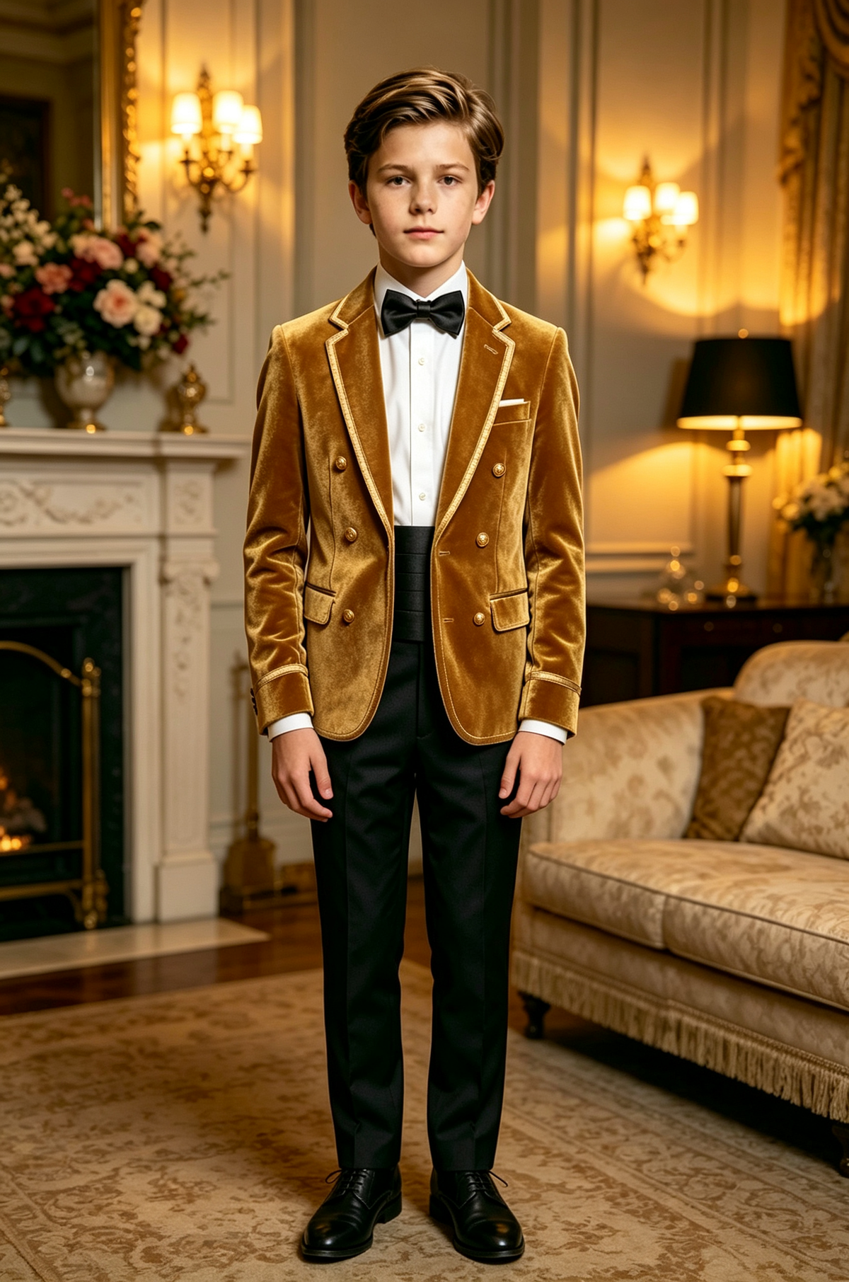 Golden Velvet Boys Gold Piping Double Breasted Tuxedo Blazer