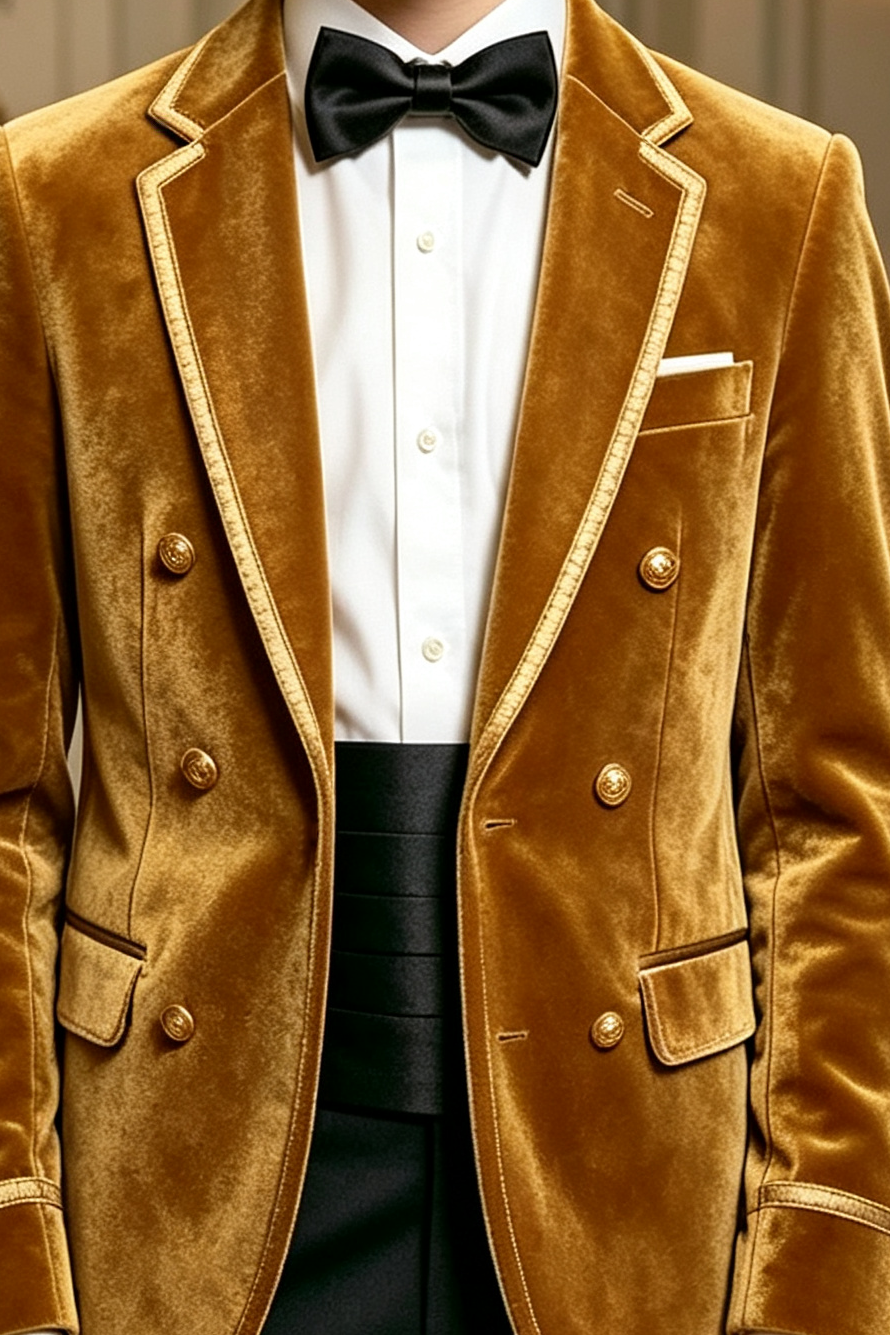 Golden Velvet Boys Gold Piping Double Breasted Tuxedo Blazer