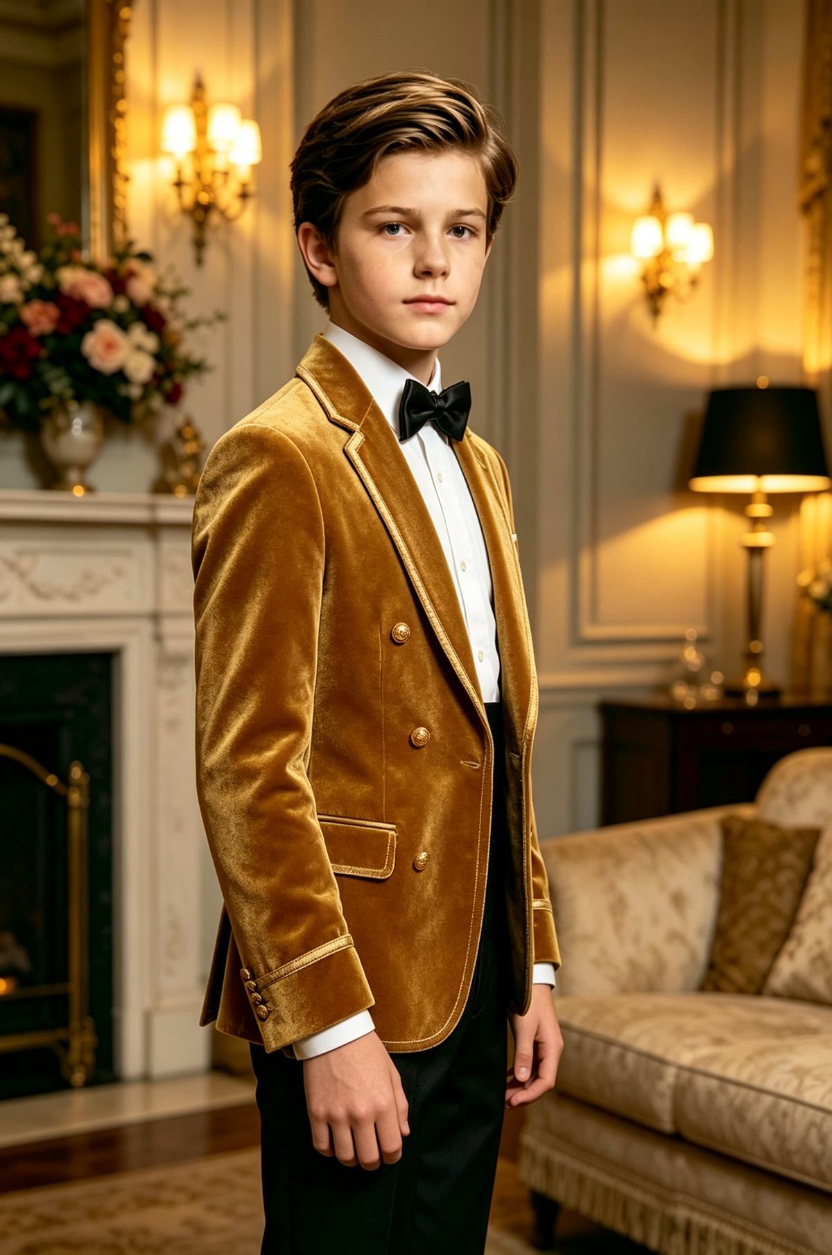 Golden Velvet Boys Gold Piping Double Breasted Tuxedo Blazer