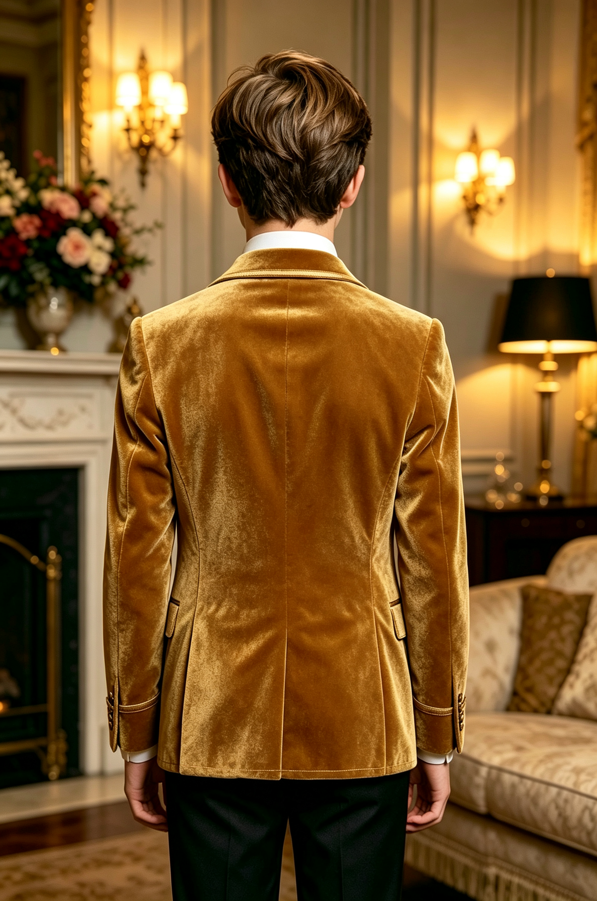 Golden Velvet Boys Gold Piping Double Breasted Tuxedo Blazer
