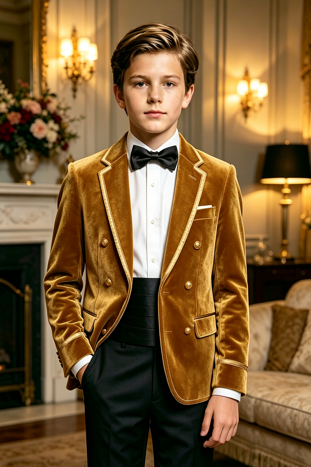 Golden Velvet Boys Gold Piping Double Breasted Tuxedo Blazer