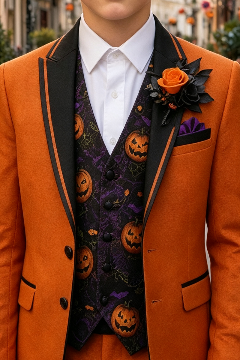 Boys Orange Tuxedo with Pumpkin Print Waistcoat 3-Piece Suit for Halloween Formal Events