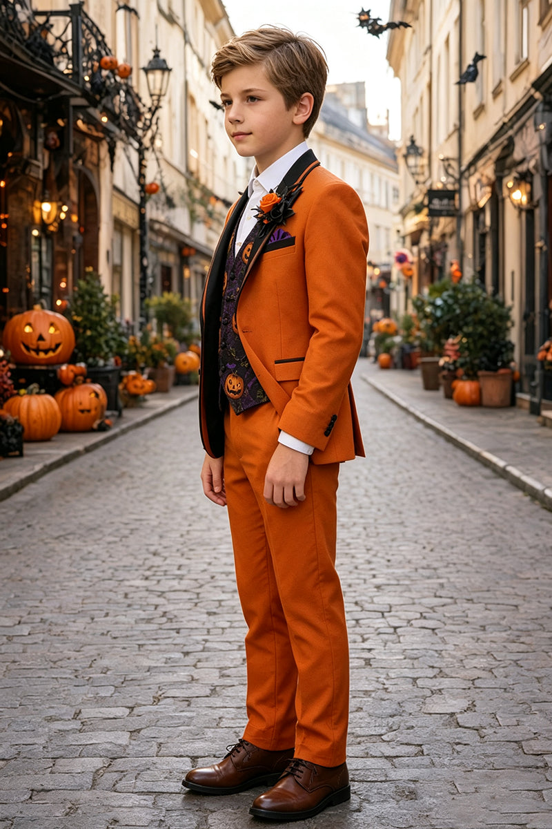 Boys Orange Tuxedo with Pumpkin Print Waistcoat 3-Piece Suit for Halloween Formal Events
