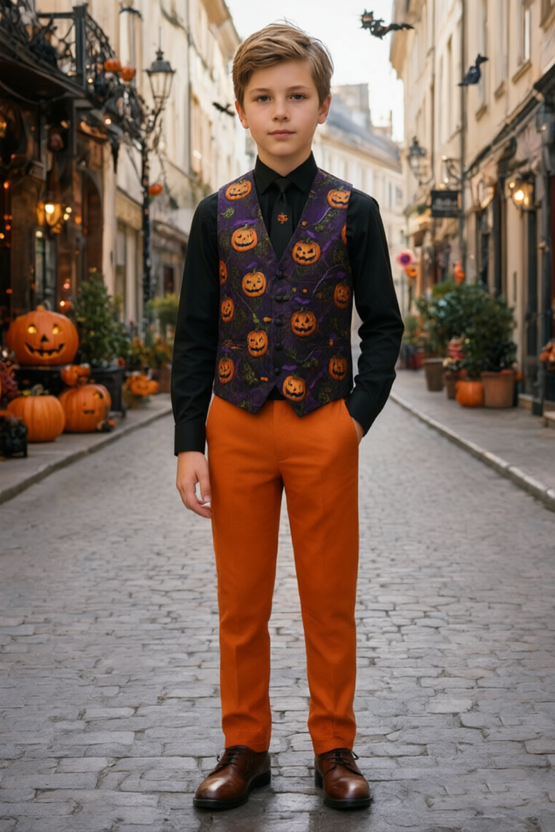 Boys Orange Tuxedo with Pumpkin Print Waistcoat 3-Piece Suit for Halloween Formal Events