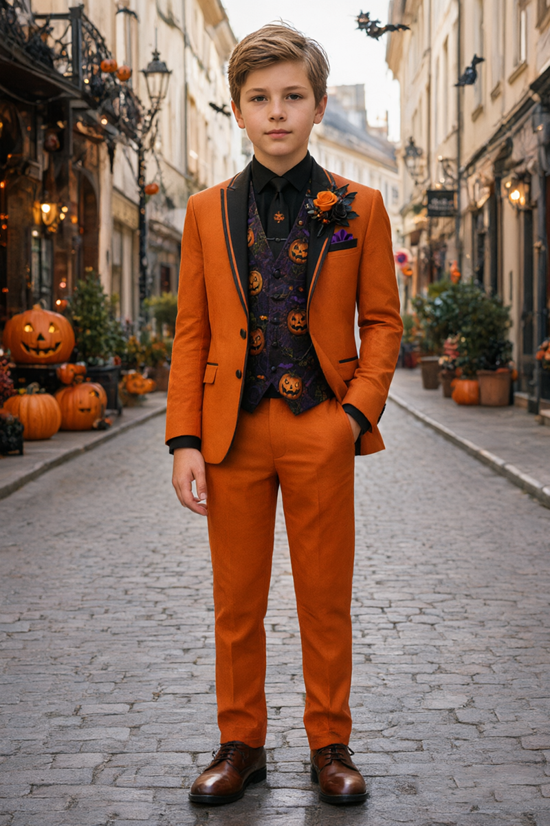 Boys Orange Tuxedo with Pumpkin Print Waistcoat 3-Piece Suit for Halloween Formal Events