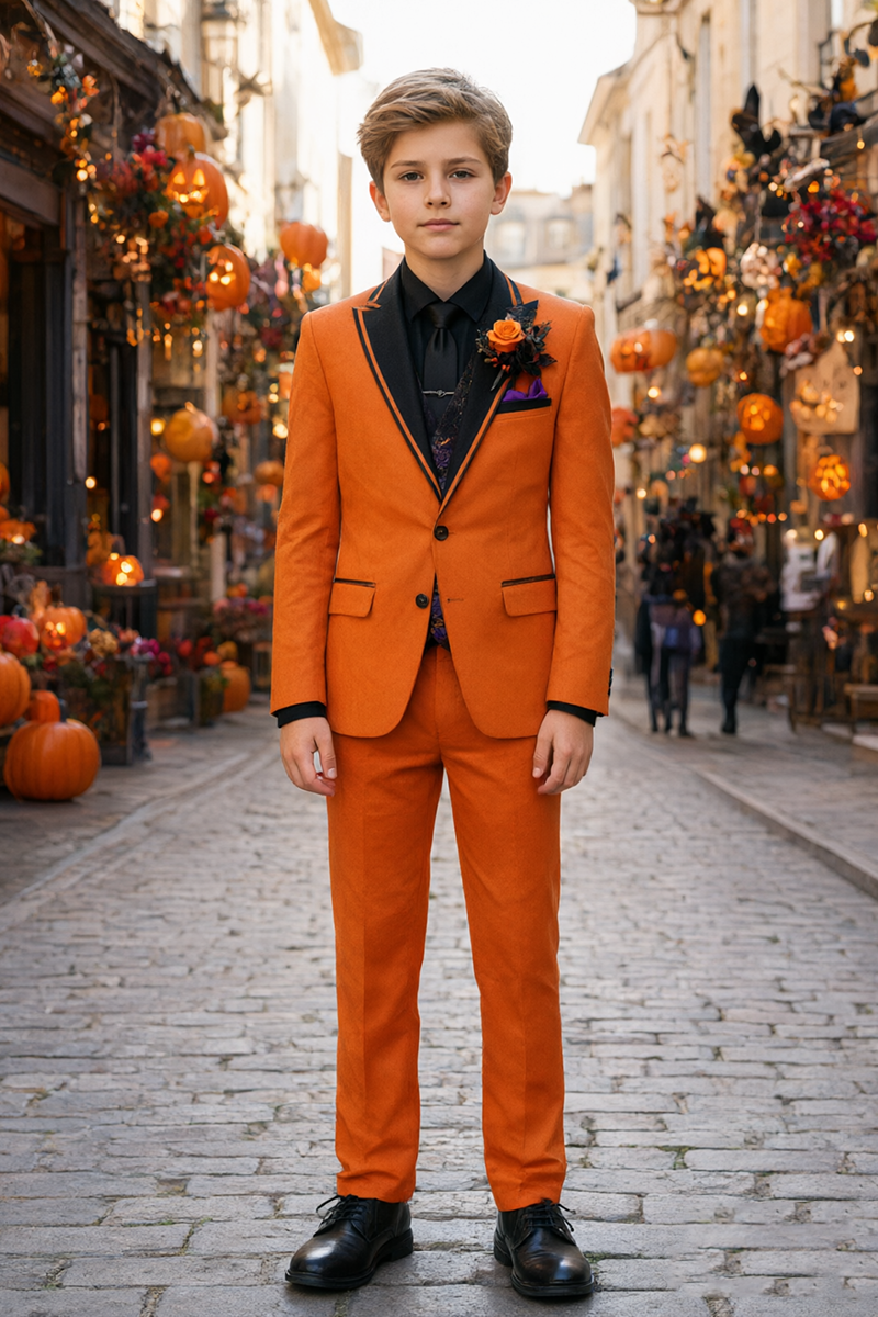 Boys Orange Tuxedo with Pumpkin Print Waistcoat 3-Piece Suit for Halloween Formal Events