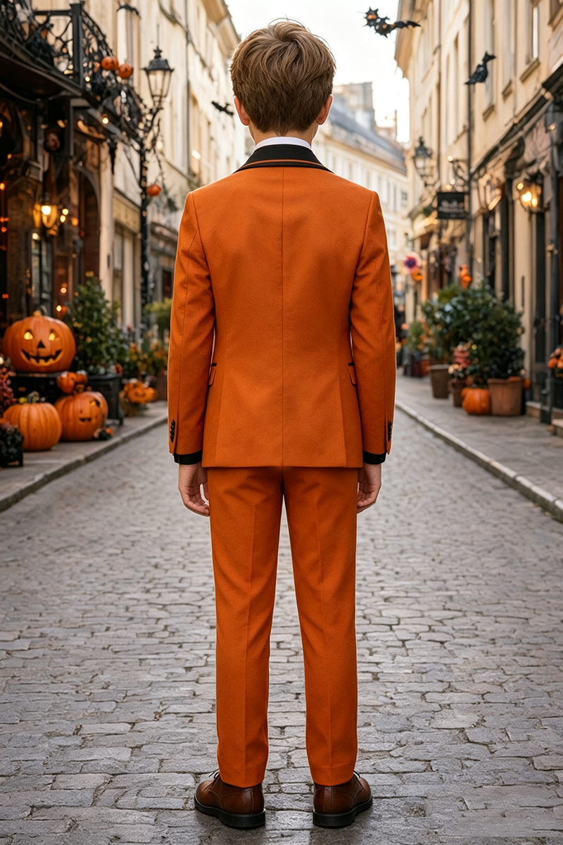 Boys Orange Tuxedo with Pumpkin Print Waistcoat 3-Piece Suit for Halloween Formal Events