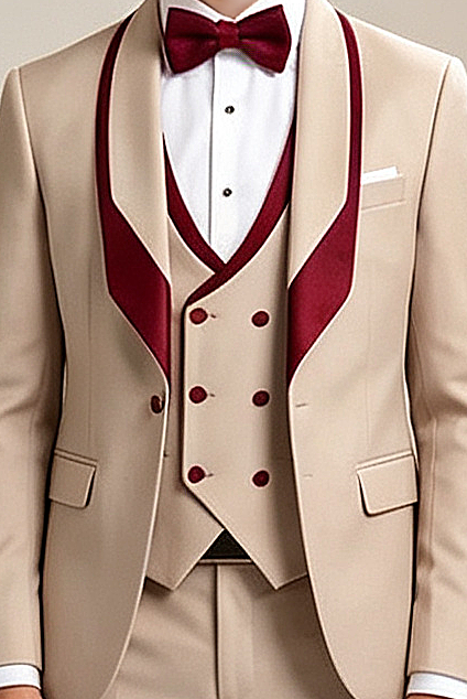 Light Khaki Boys Burgundy Satin Lapel Double Breasted 3 Piece Suit Set