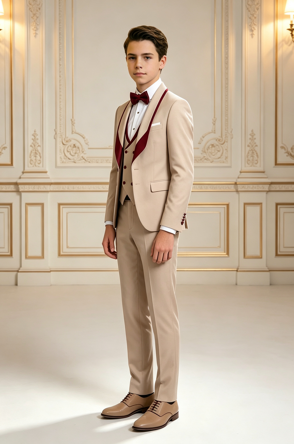 Light Khaki Boys Burgundy Satin Lapel Double Breasted 3 Piece Suit Set