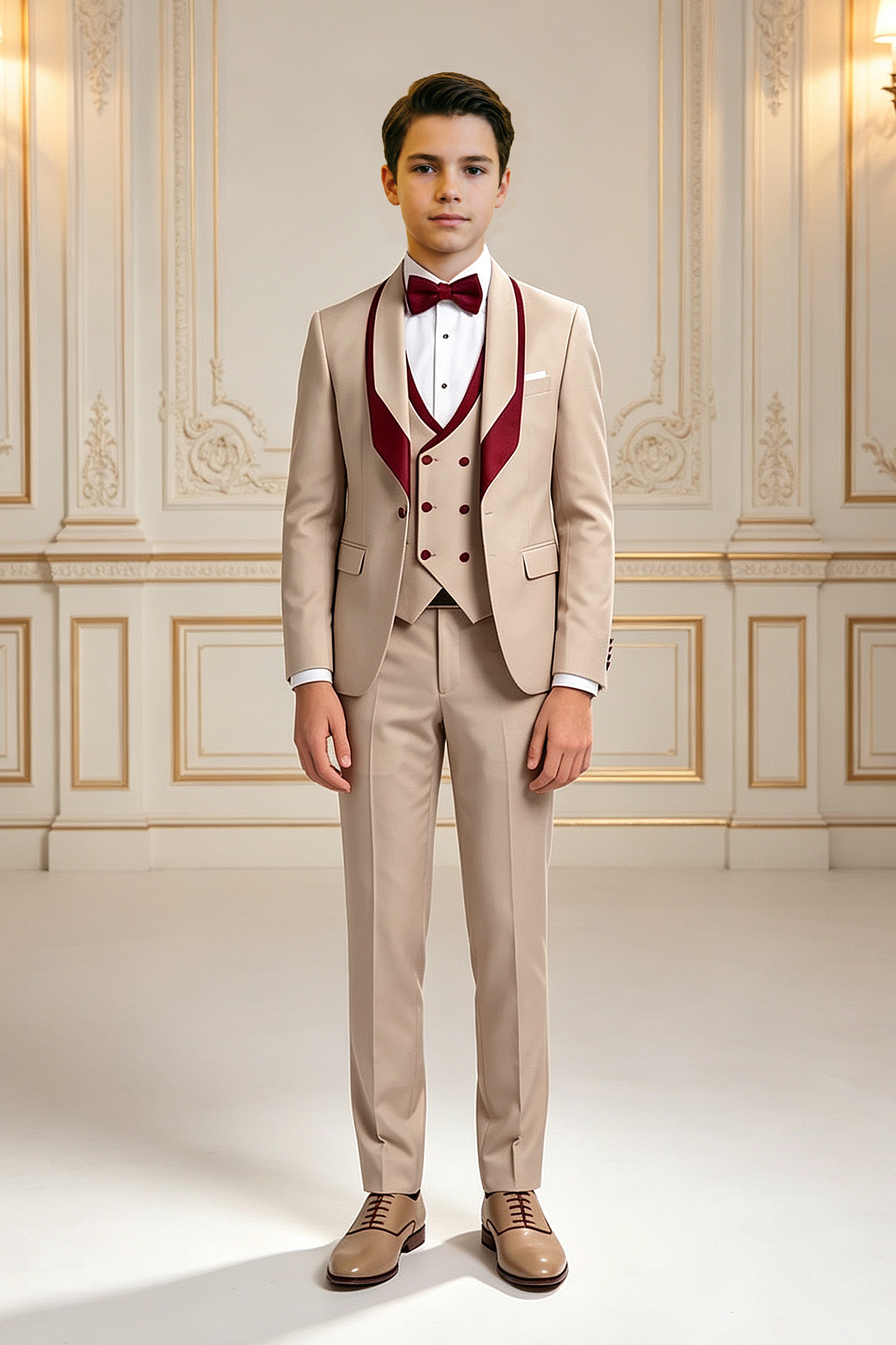 Light Khaki Boys Burgundy Satin Lapel Double Breasted 3 Piece Suit Set