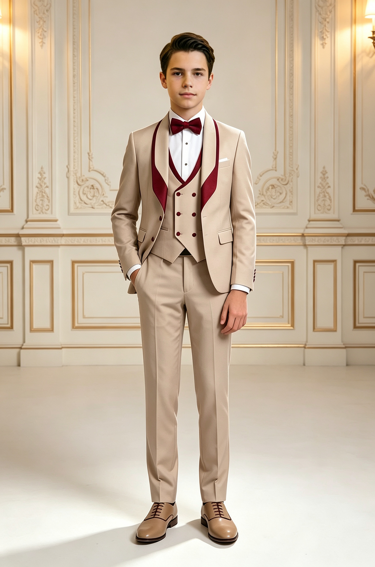 Light Khaki Boys Burgundy Satin Lapel Double Breasted 3 Piece Suit Set