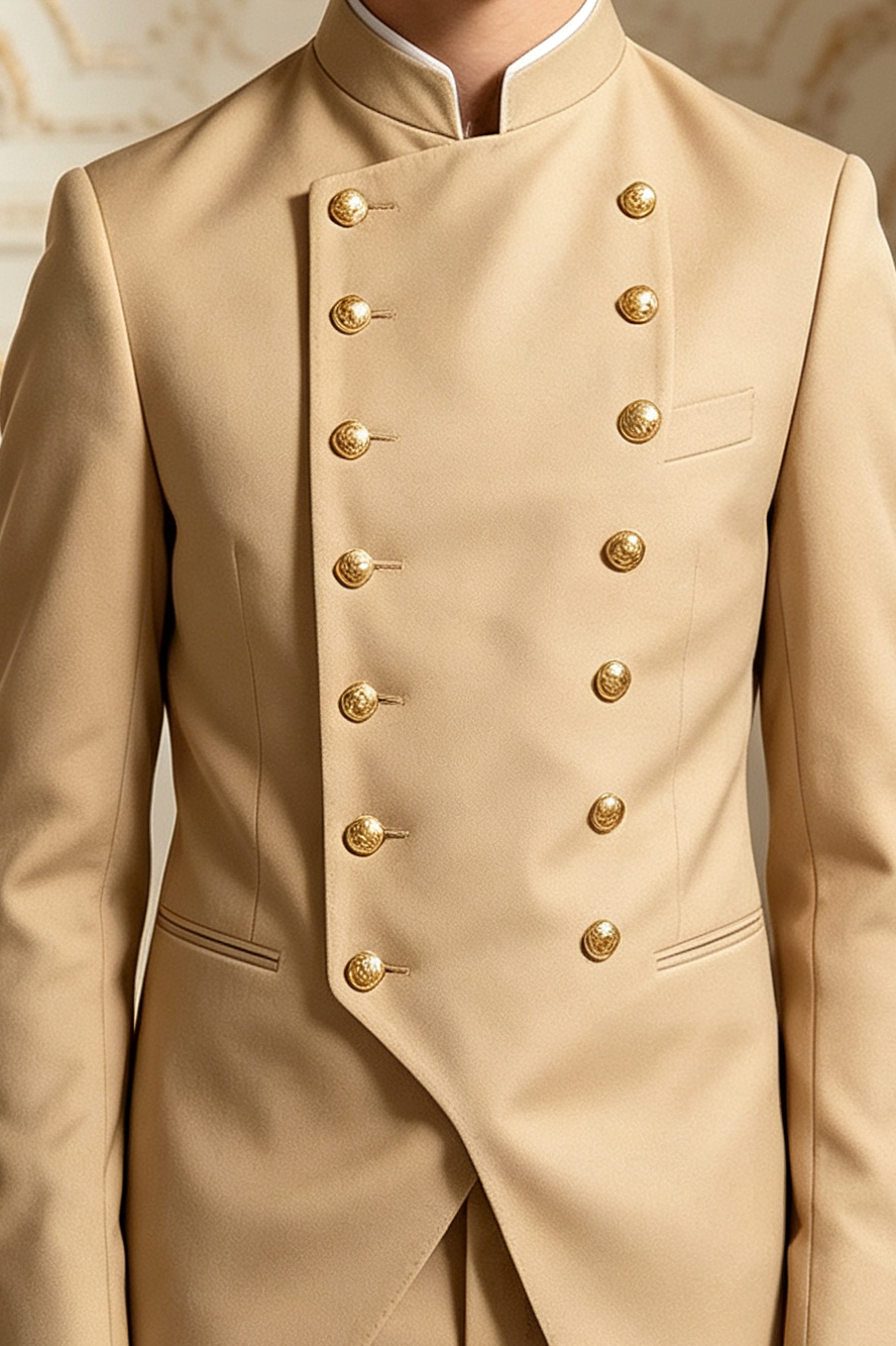 Khaki Boys Stand Collar Gold Buttons Double Breasted Tuxedo 2 Piece Suit Set