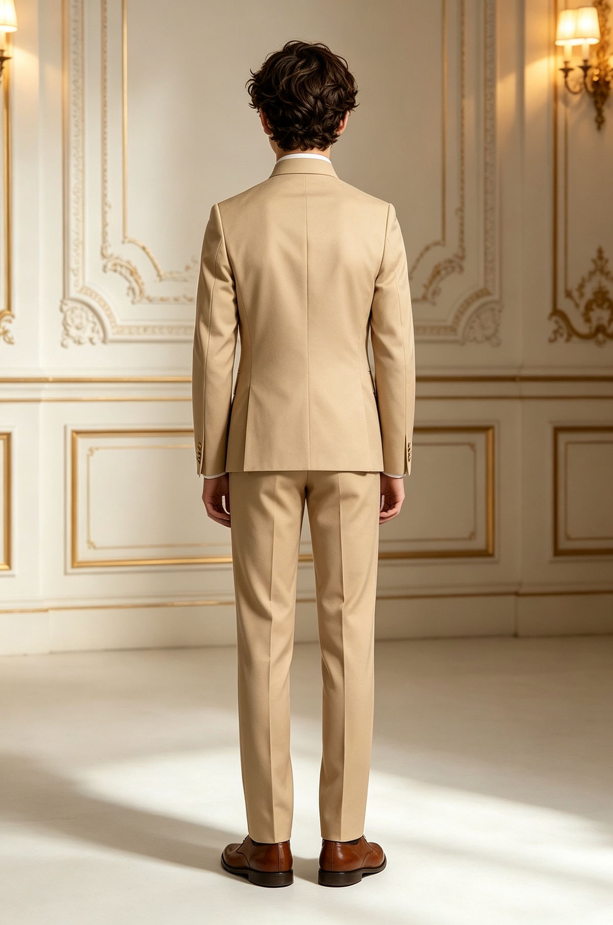 Khaki Boys Stand Collar Gold Buttons Double Breasted Tuxedo 2 Piece Suit Set
