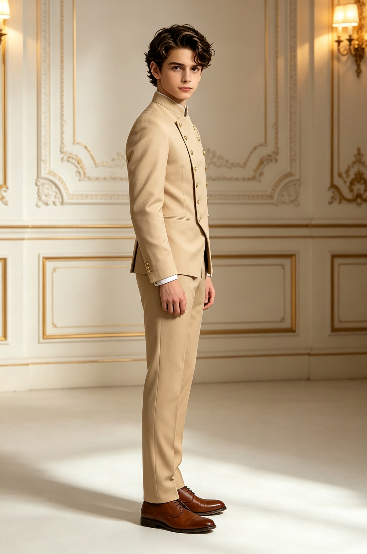 Khaki Boys Stand Collar Gold Buttons Double Breasted Tuxedo 2 Piece Suit Set