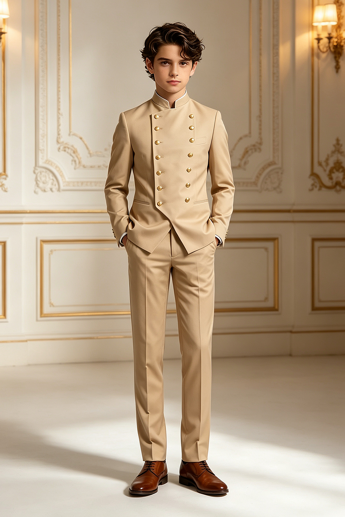 Khaki Boys Stand Collar Gold Buttons Double Breasted Tuxedo 2 Piece Suit Set