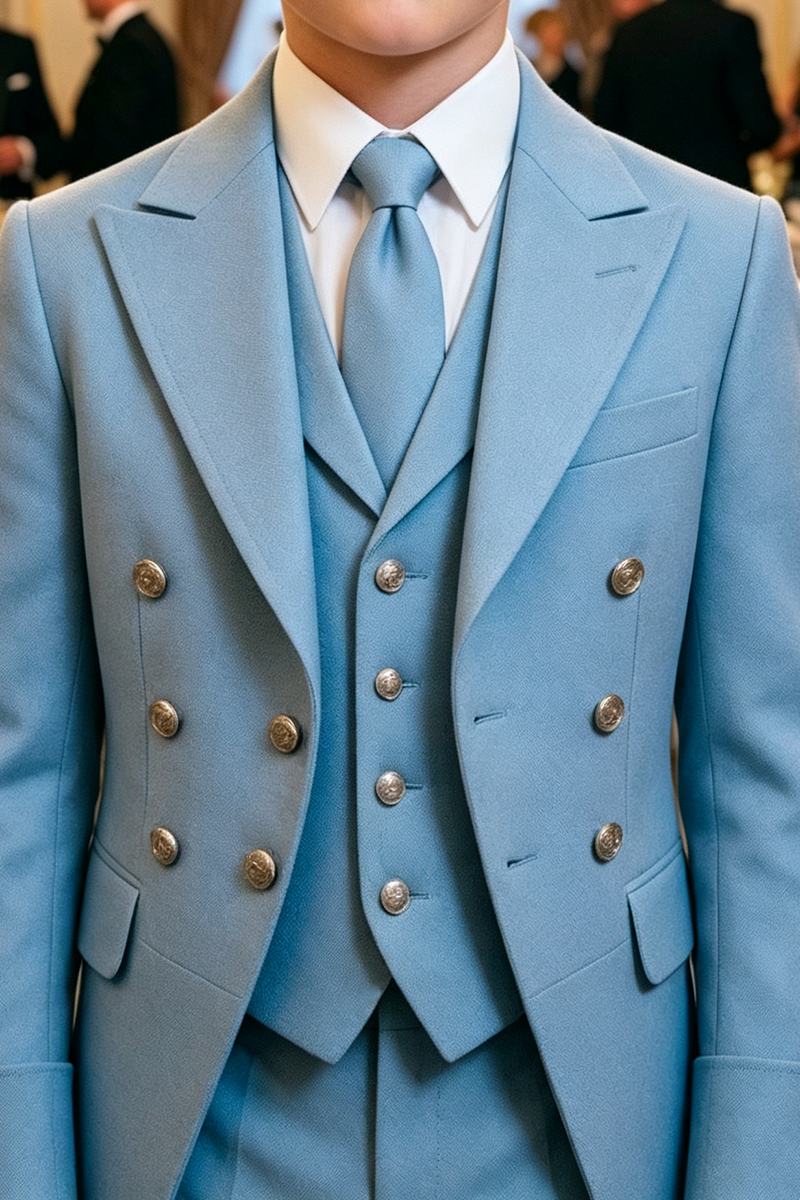 Boys Light Blue Tailcoat Tuxedo 3-Piece Suit for Weddings with Peak Lapel