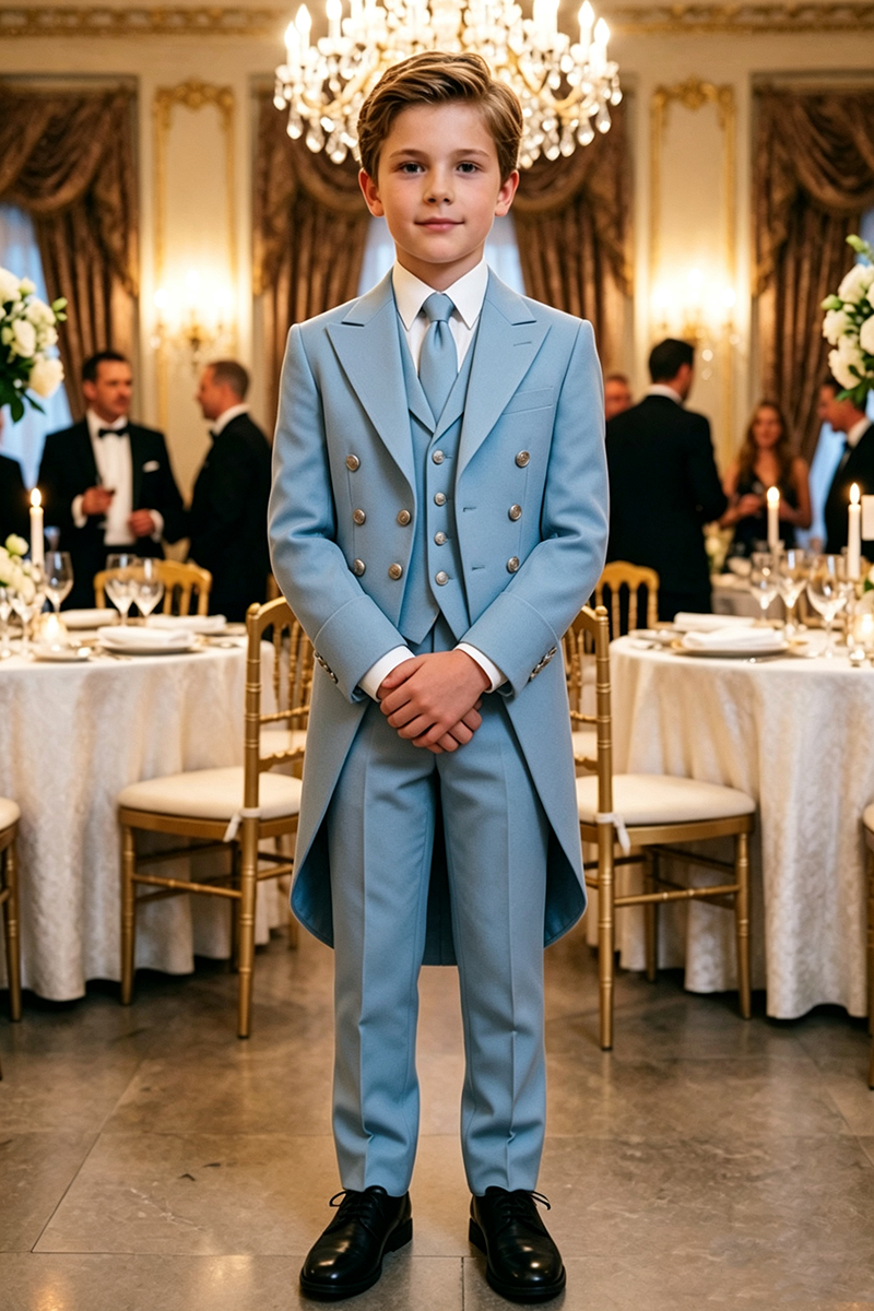 Boys Light Blue Tailcoat Tuxedo 3-Piece Suit for Weddings with Peak Lapel
