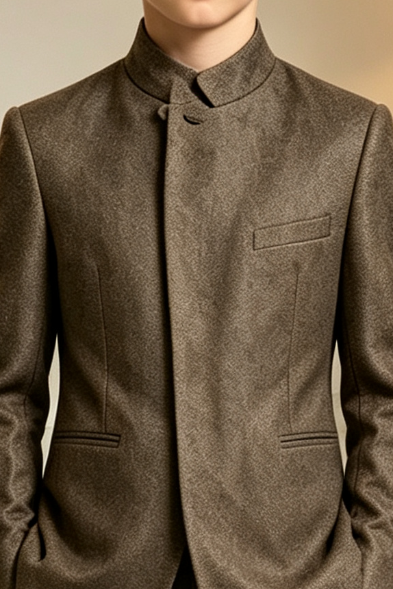 Dark Coffee Stand Collar Single Breasted Hidden Button Formal 2 Piece Suit Set
