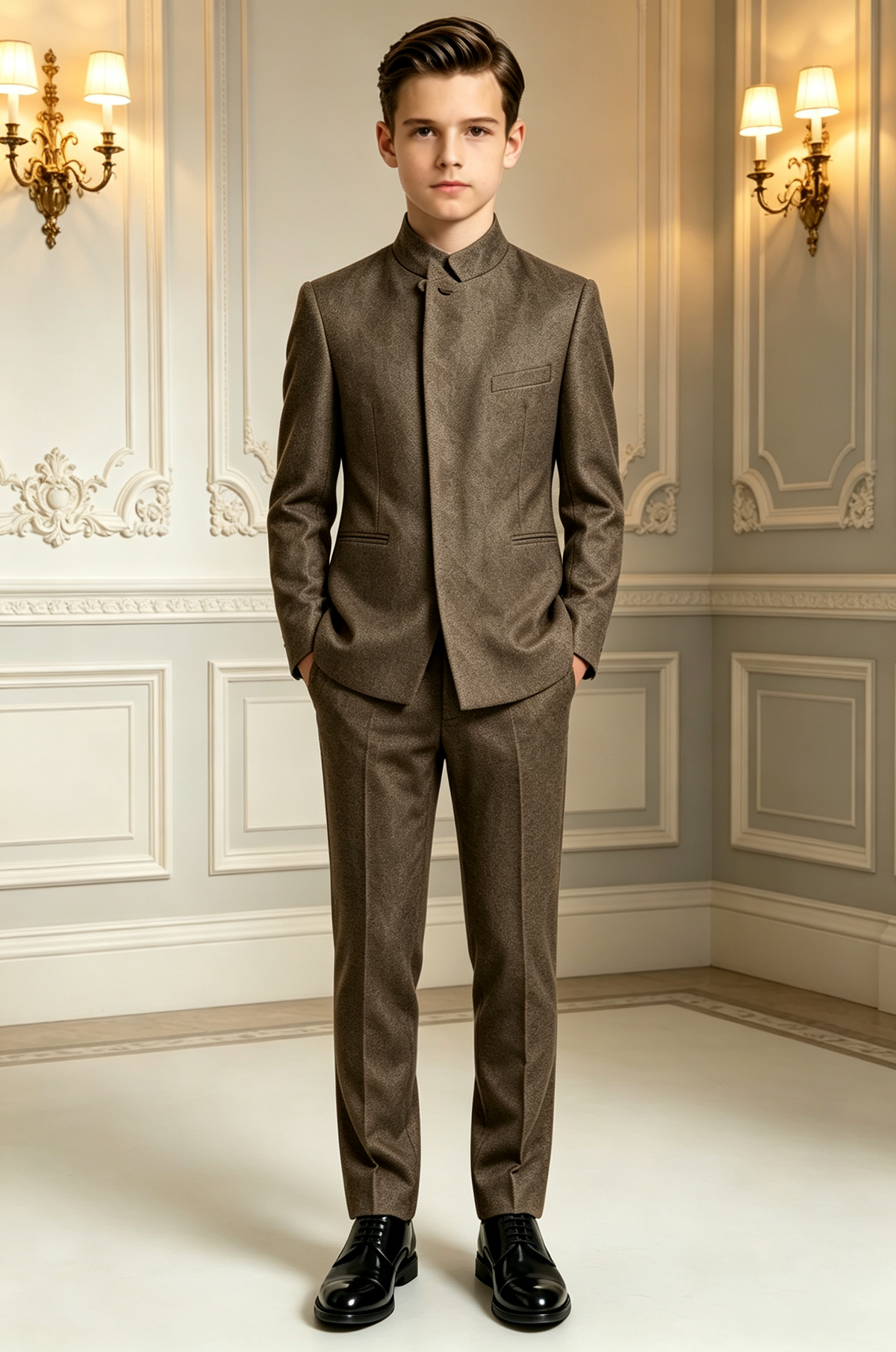 Dark Coffee Stand Collar Single Breasted Hidden Button Formal 2 Piece Suit Set