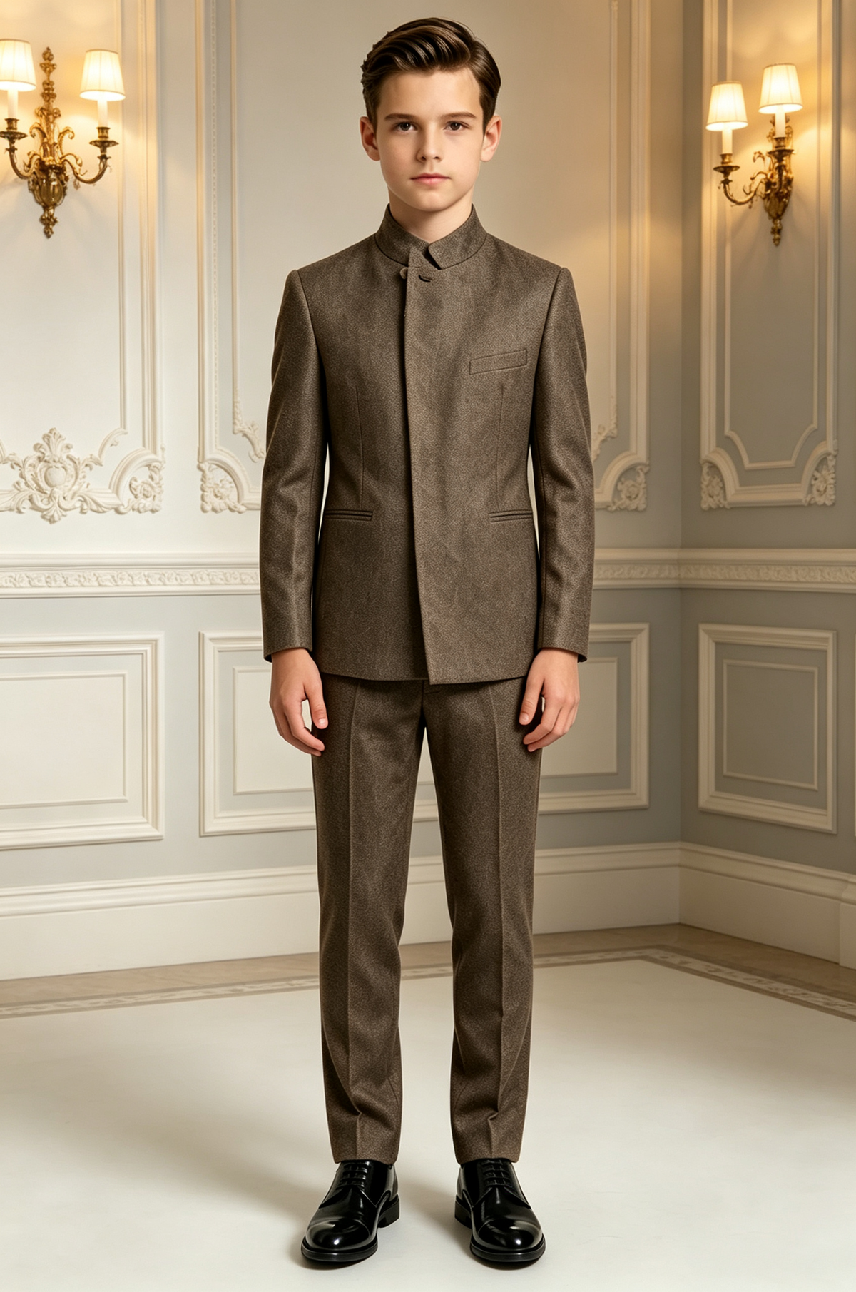 Dark Coffee Stand Collar Single Breasted Hidden Button Formal 2 Piece Suit Set