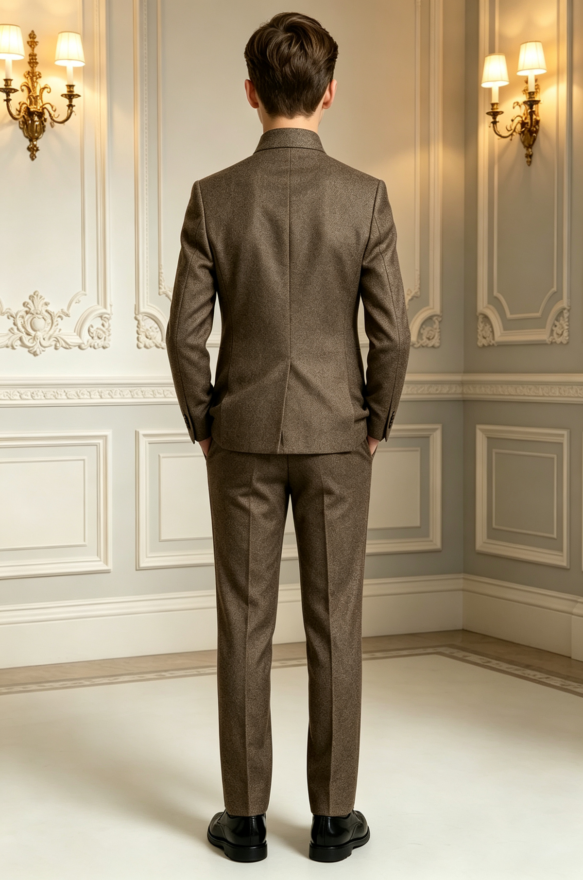 Dark Coffee Stand Collar Single Breasted Hidden Button Formal 2 Piece Suit Set